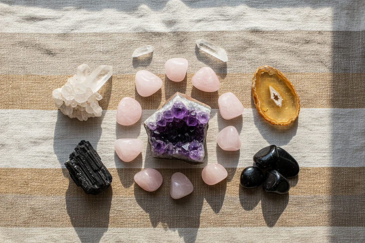 Flat lay of assorted crystals including amethyst, rose quartz, citrine, and obsidian on a natural linen surface