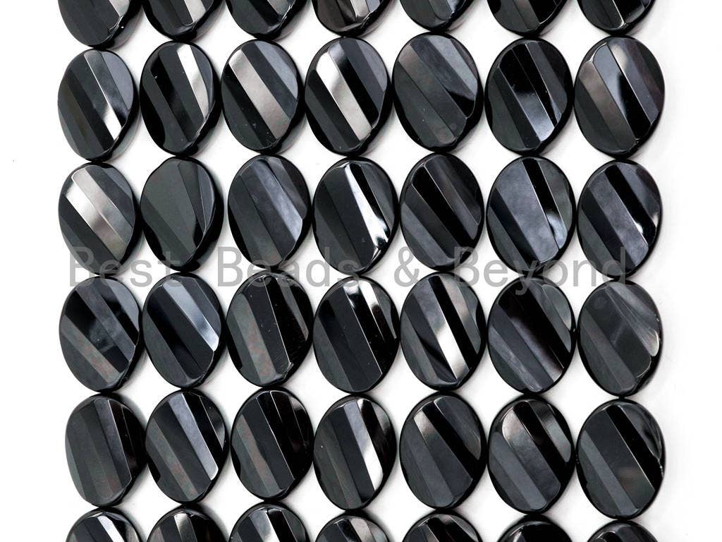 Quality Black Onyx Twisted Oval Faceted Beads 10x14mm 13x18mm 15x20mm Natural Gemtones, Black loose Beads, 15.5" Full Strand, SKU#Q20