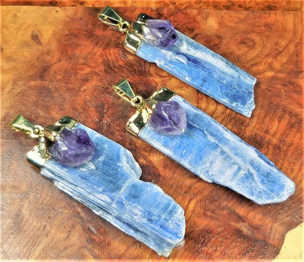 Kyanite And Amethyst Crystal Point Pendant (Gold Plated)