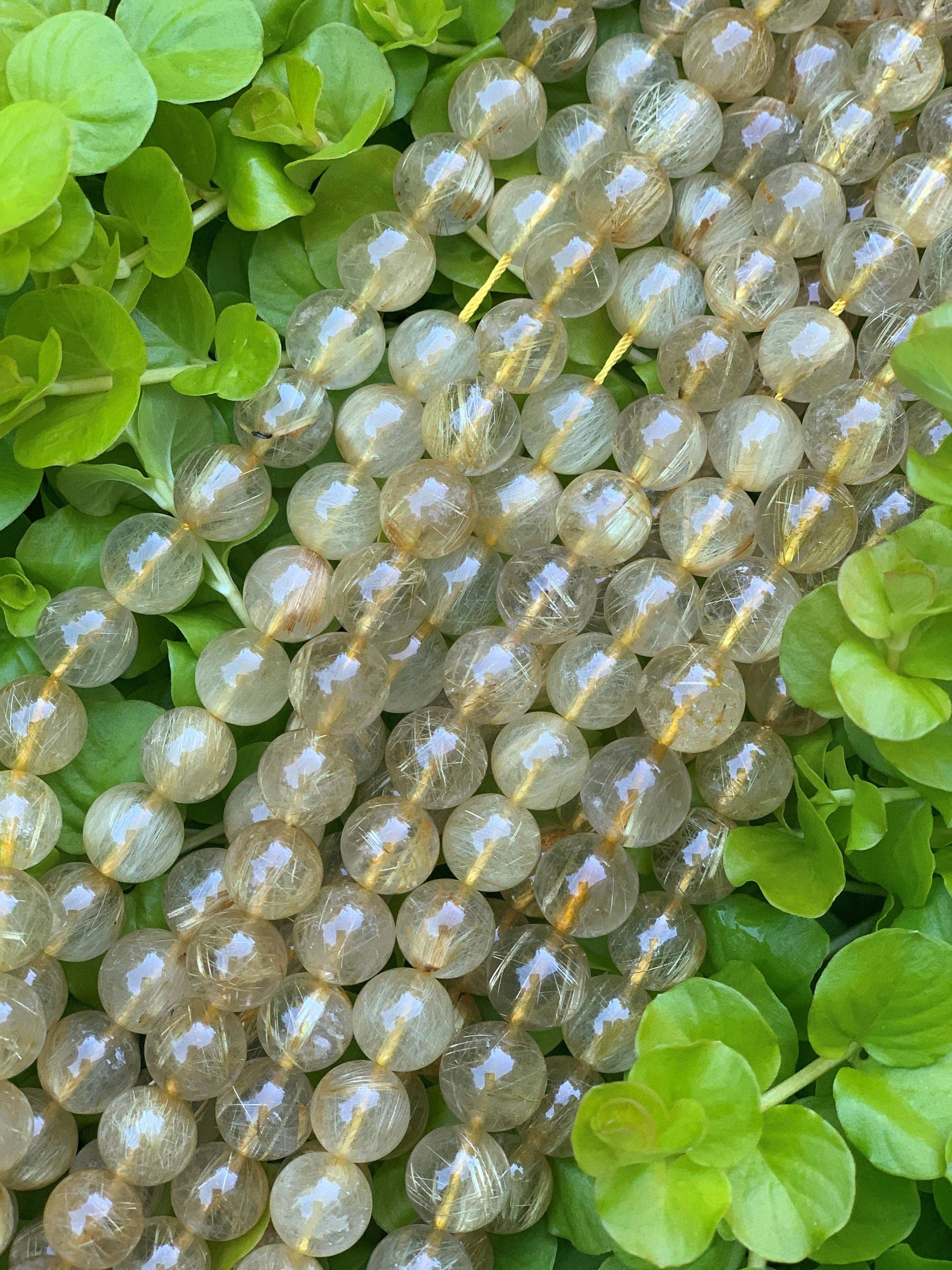 High Quality Natural Rutilated Quartz, 6mm/8mm/10mm/12mm Round Smooth Beads, 15.5" Full Strand, Sku#R302