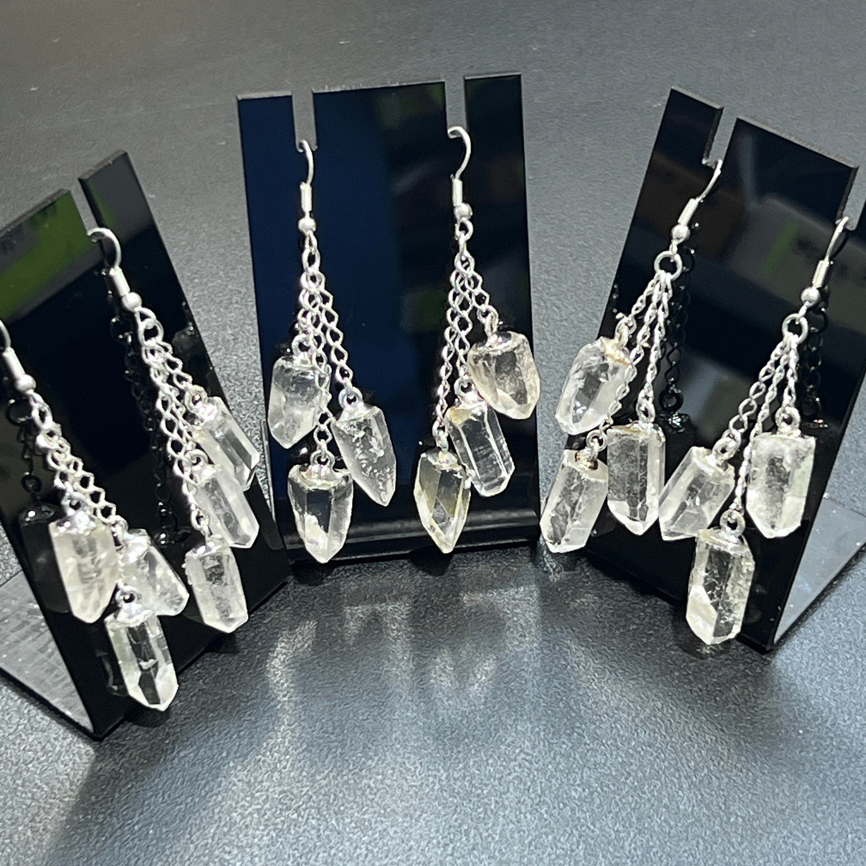 Quartz Crystal Triple Dangle Long Earrings Pair