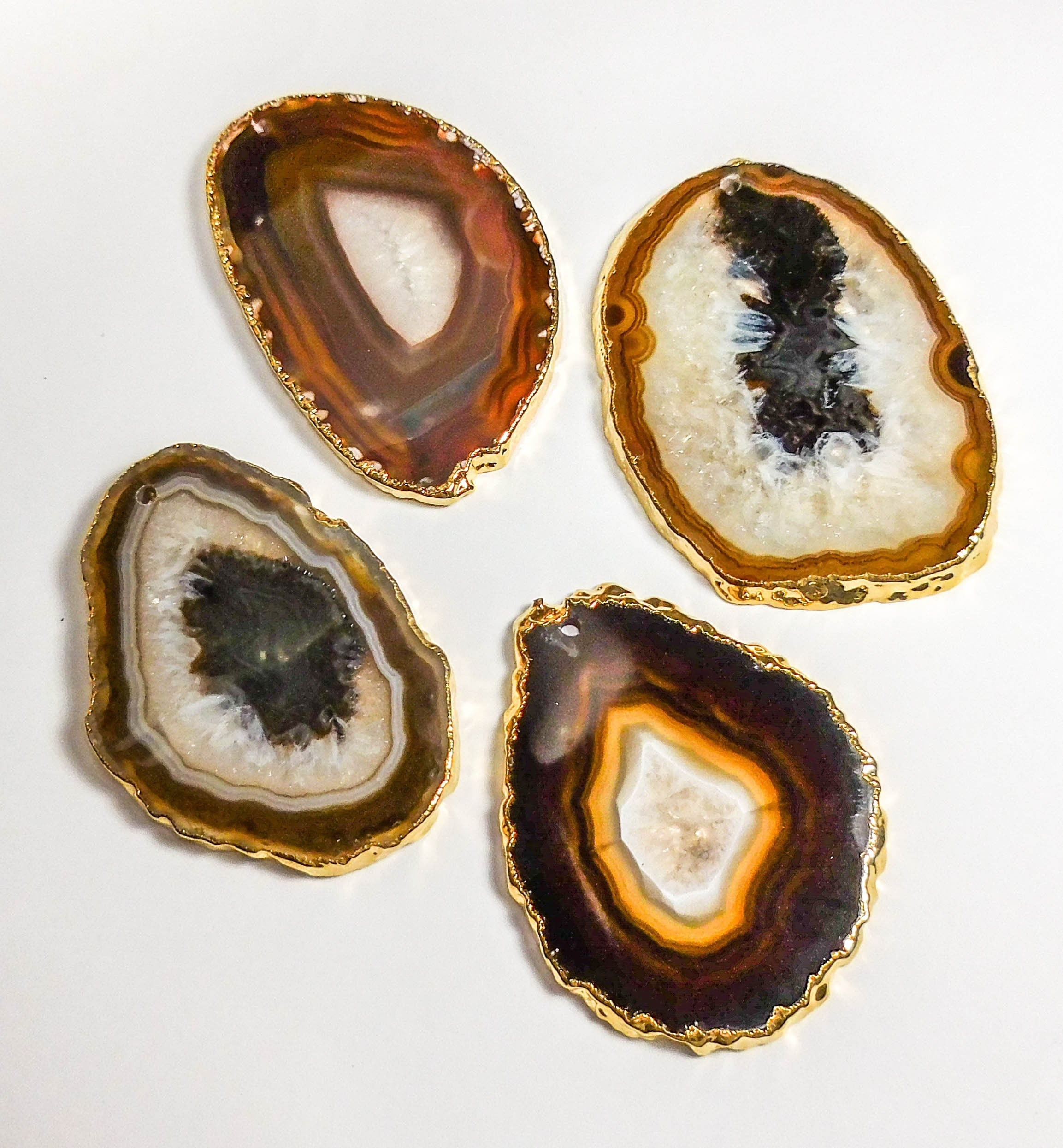 Natural Gray Brown Agate Slice Top Drilled Hole (Gold Plated Edges, 2mm Hole)