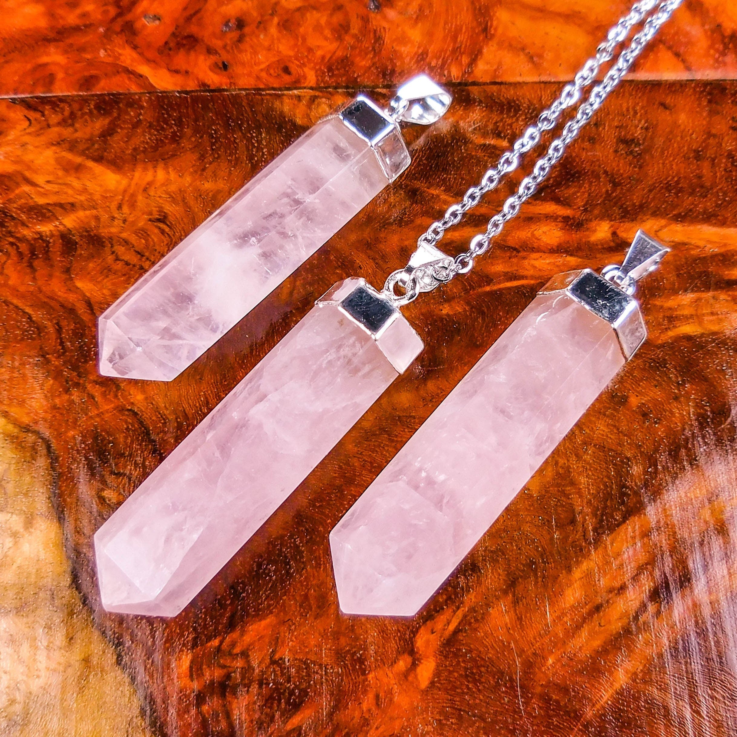 Pink Rose Quartz Crystal Point Pendant (Silver Plated)