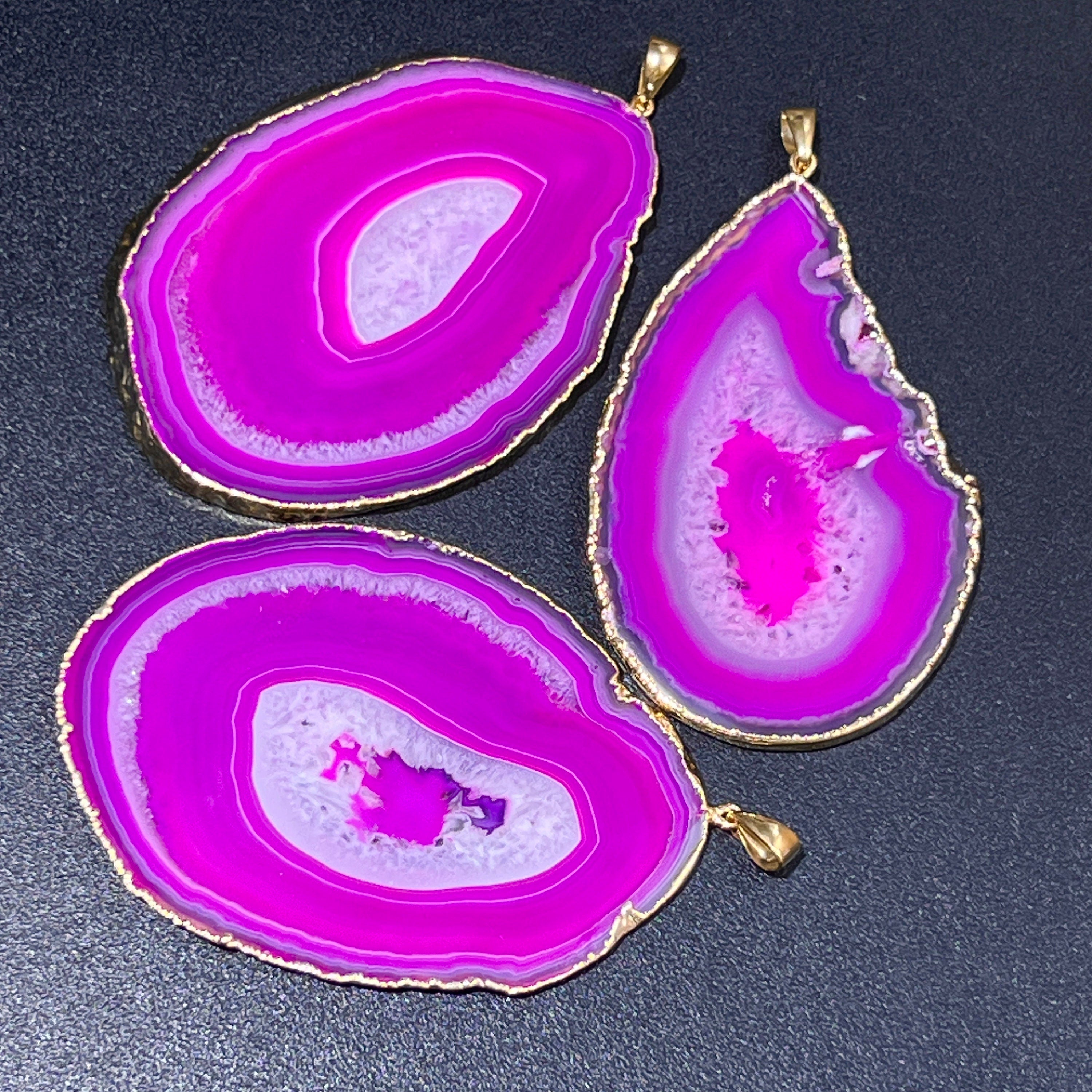 Large Pink Agate Slice Crystal Pendant (Gold Plated Edges)