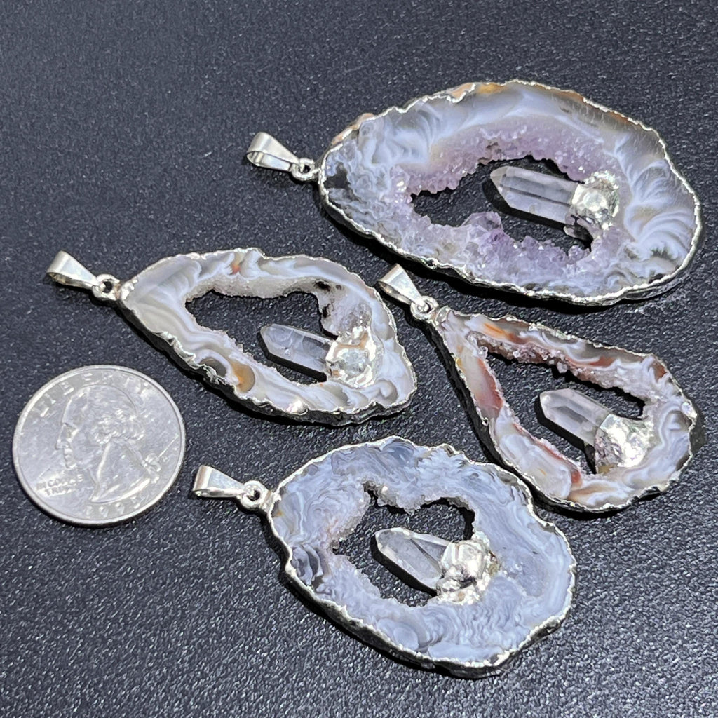 Oco Geode Druzy with Quartz Crystal Point Pendant (Silver Plated)