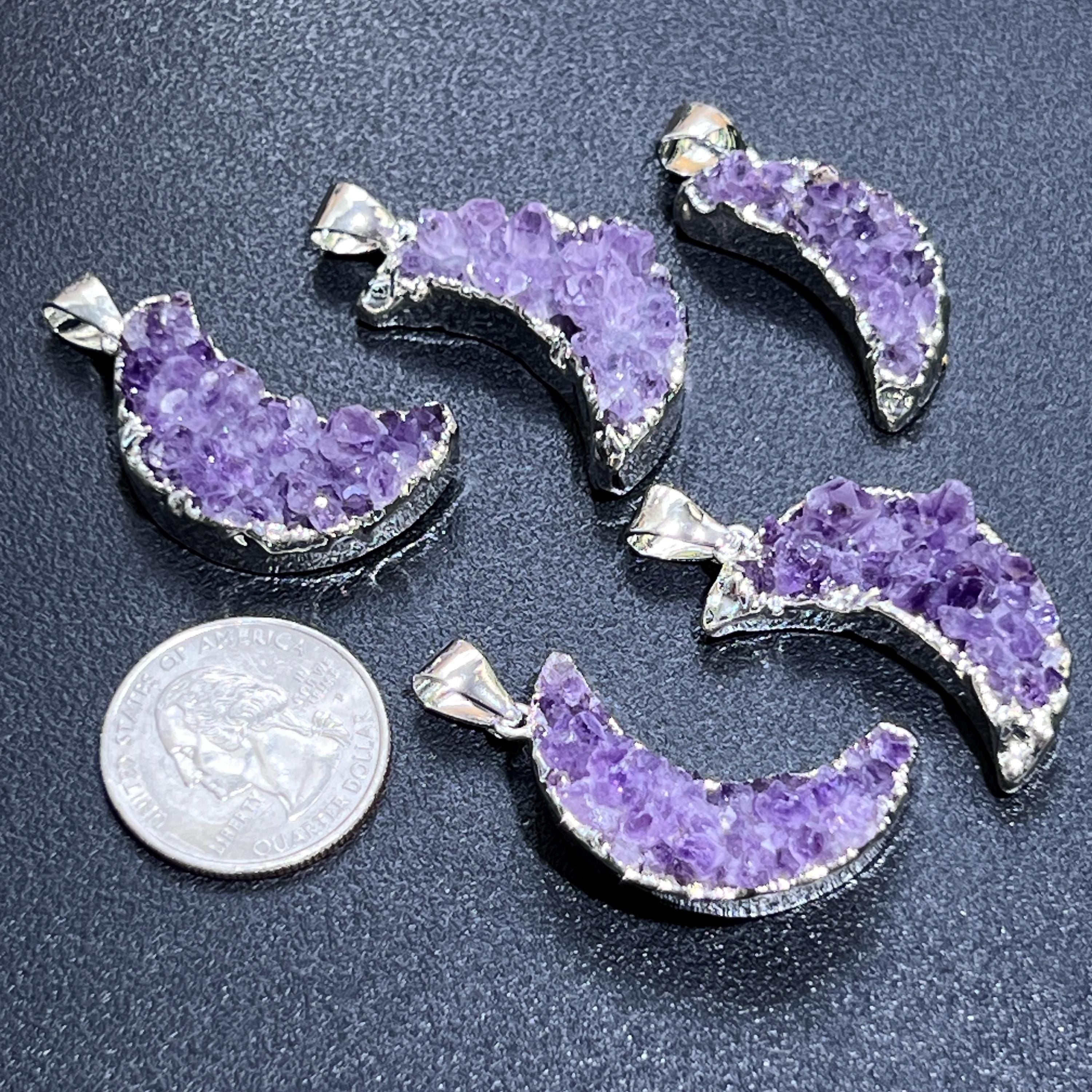 Amethyst Druzy Crystal Crescent Moon Pendant (Silver Plated)