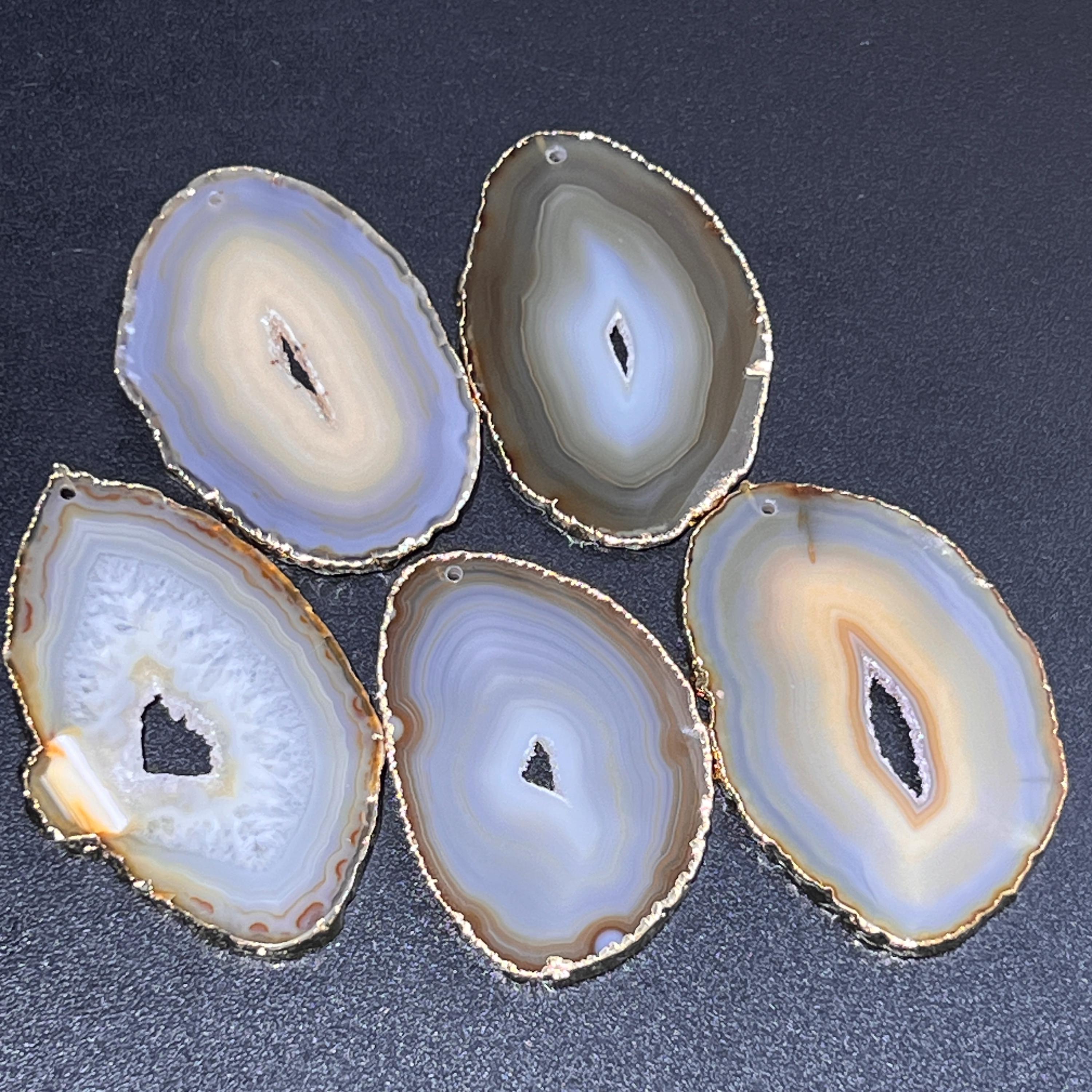 Natural Gray Brown Agate Slice Top Drilled Hole (Gold Plated Edges, 2mm Hole)
