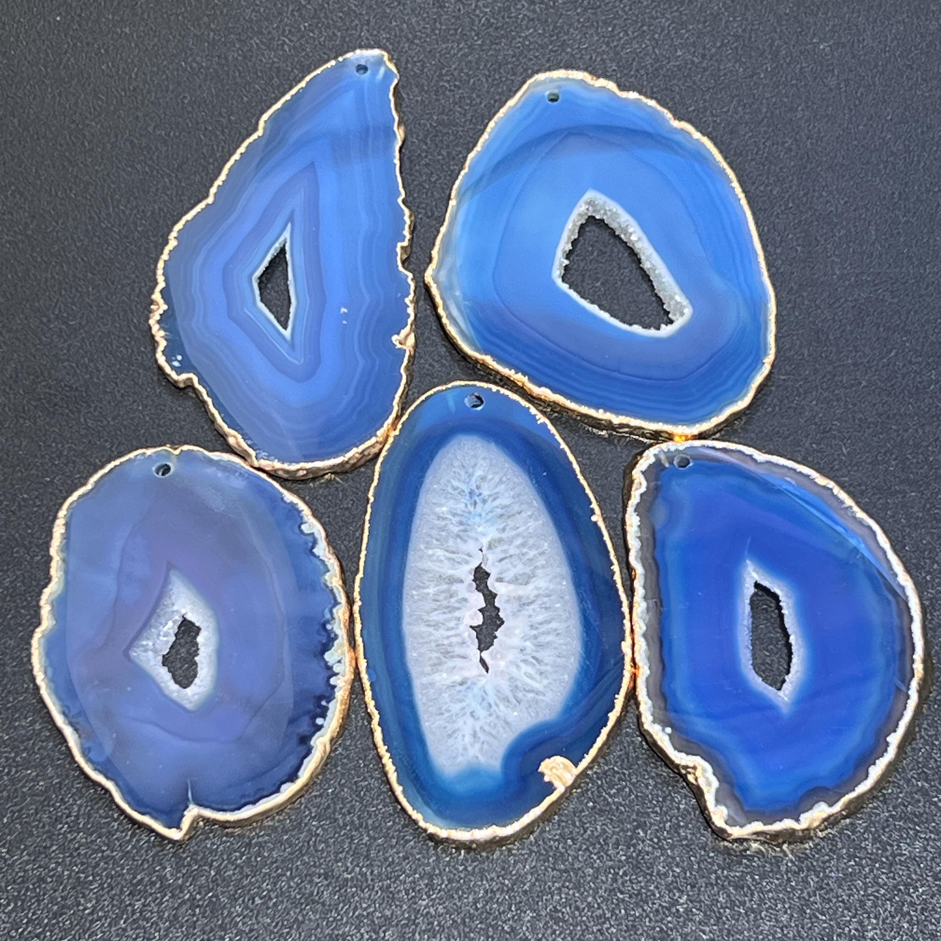 Blue Agate Slices (2mm Drilled Hole, Gold Plated Edges)