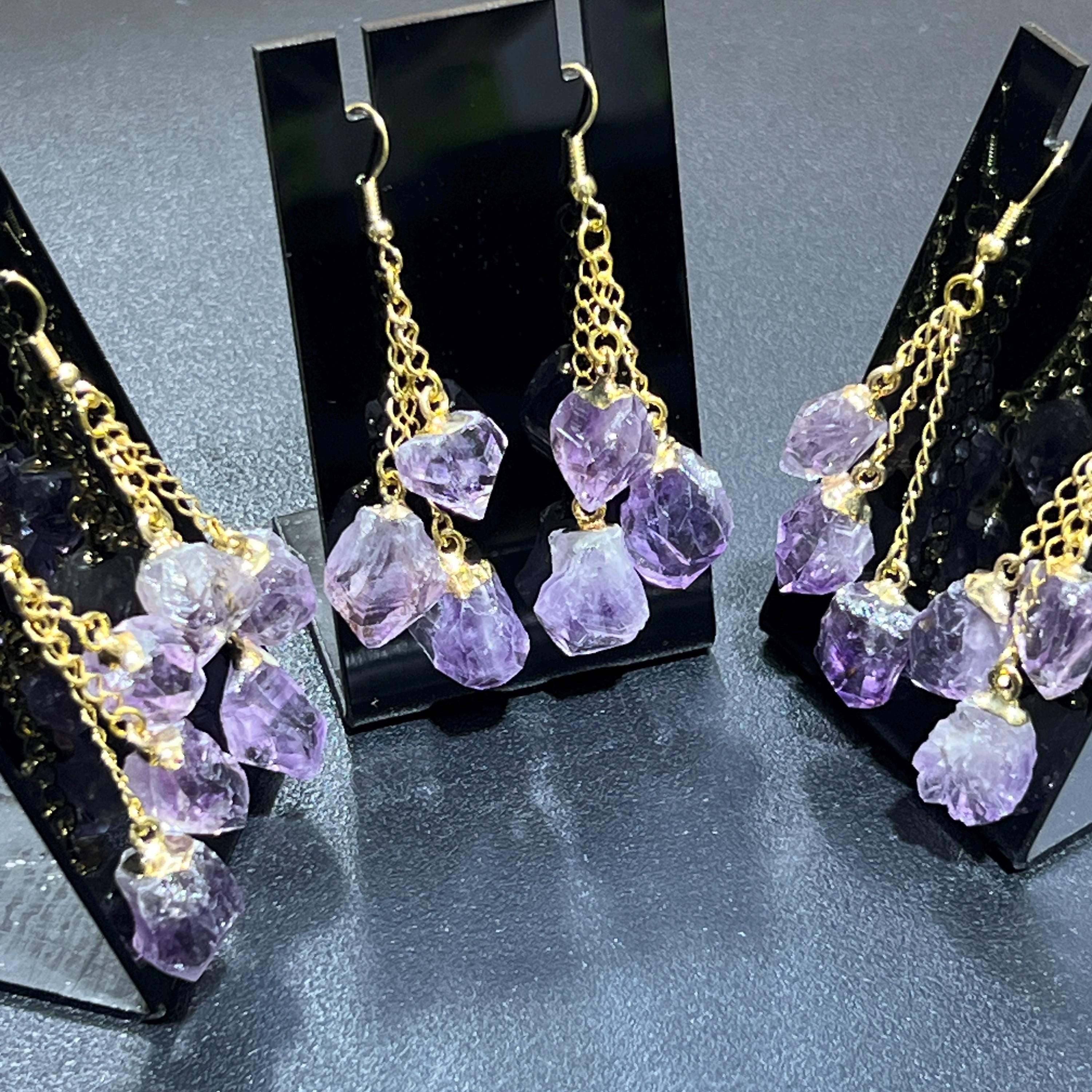 Amethyst Triple Crystal Point Long Dangle Earrings Pair (Gold Plated)