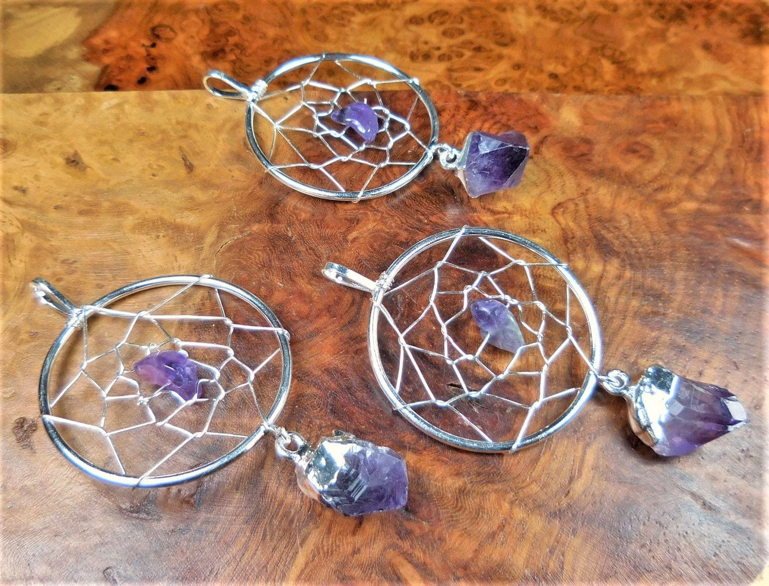 Amethyst Crystal Dreamcatcher Pendant (Silver Plated)
