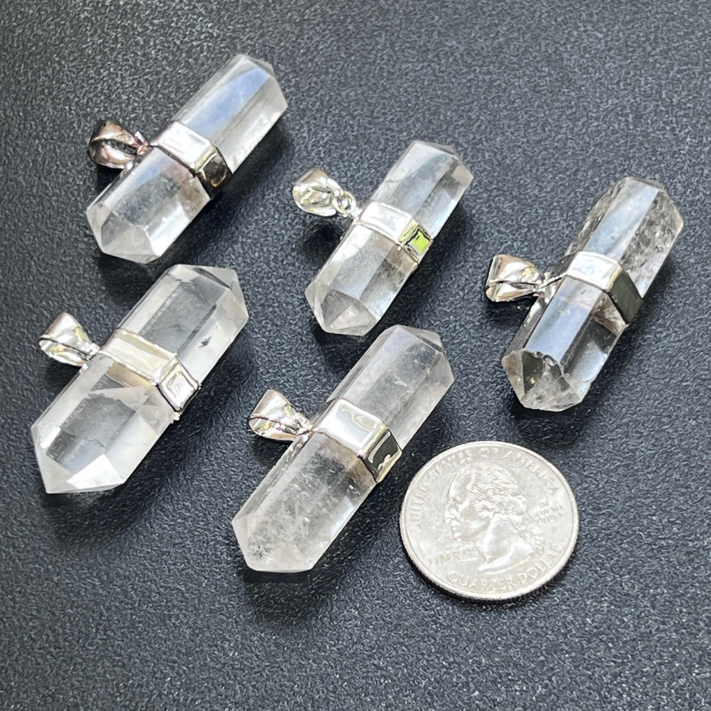Quartz Crystal Double Terminated Faceted Point Pendant (Silver Plated)