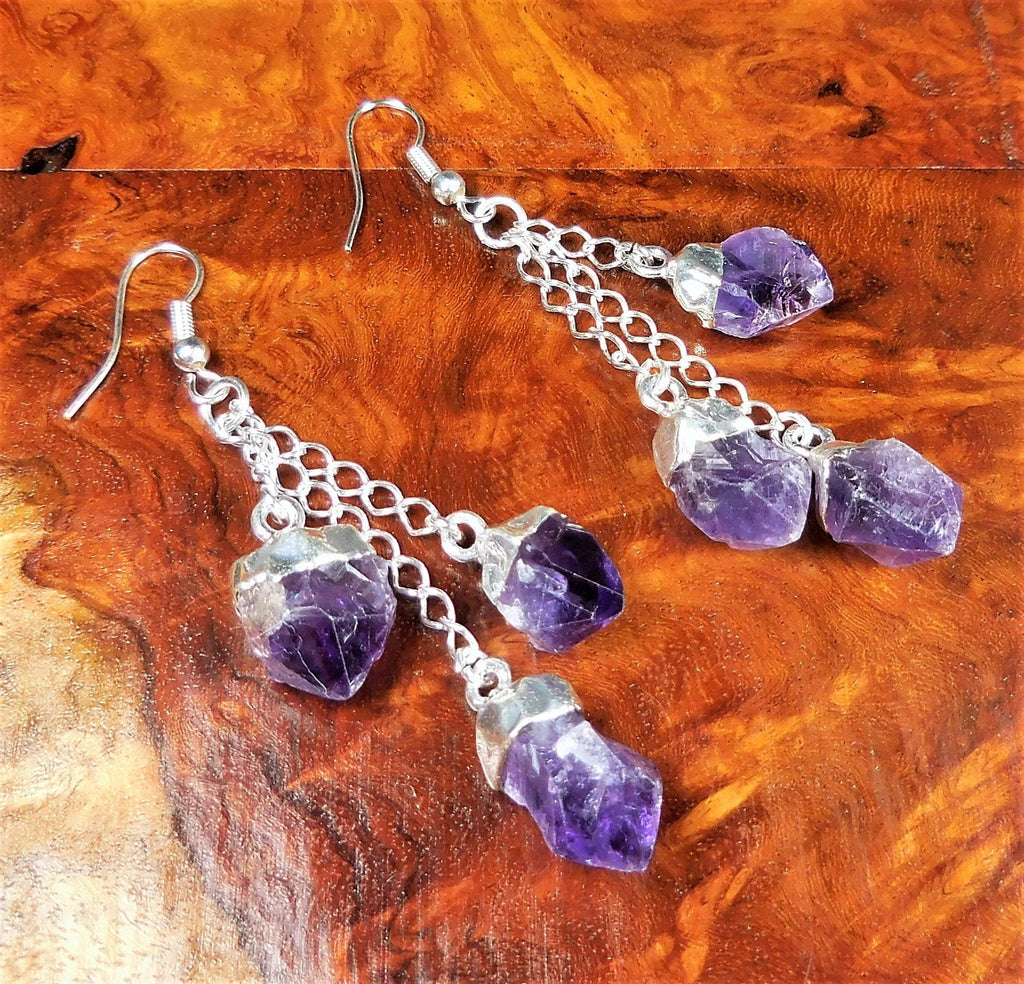 Amethyst Crystal Long Dangle Earrings Pair