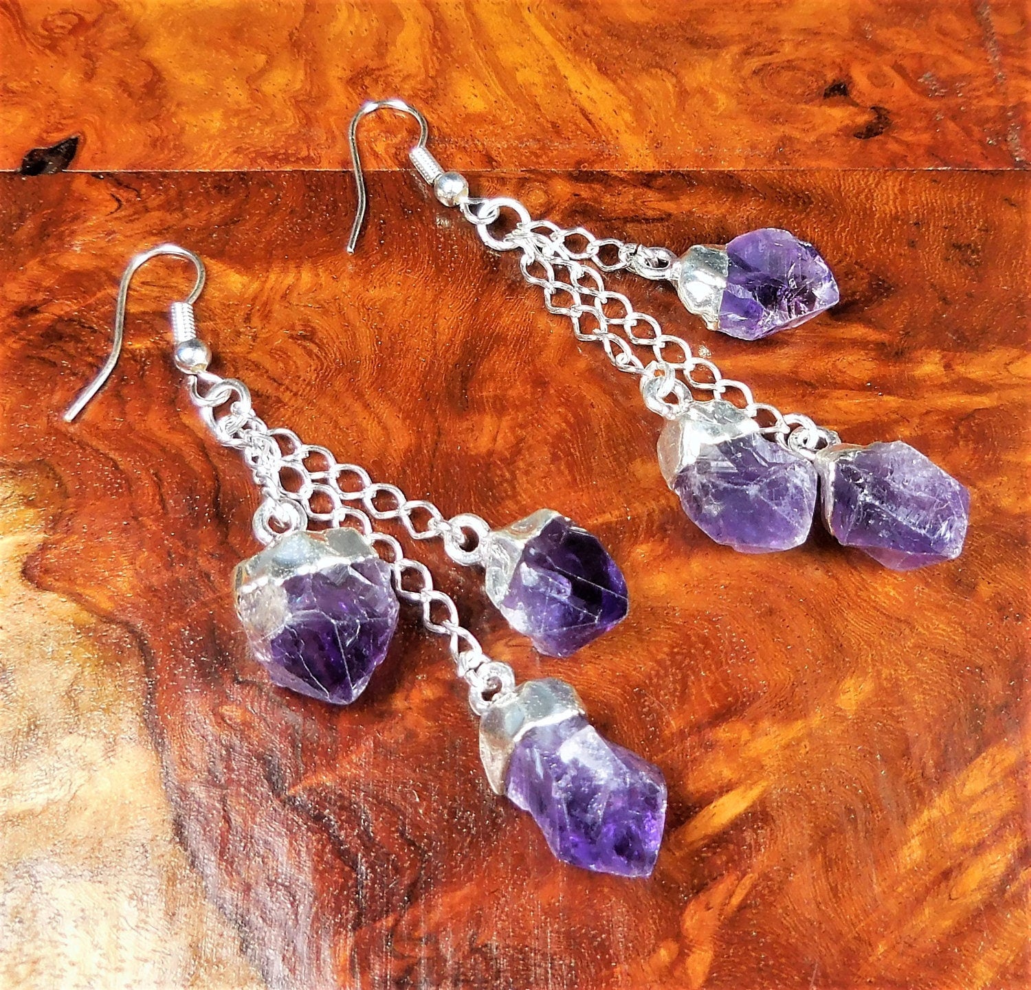 Amethyst Crystal Long Dangle Earrings Pair
