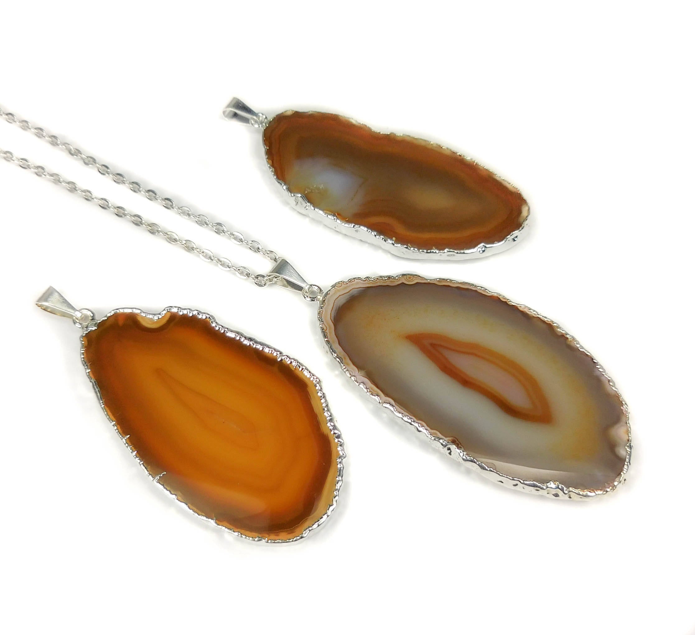 Polished Agate Slice Necklace Pendant (Silver Plated Edges)