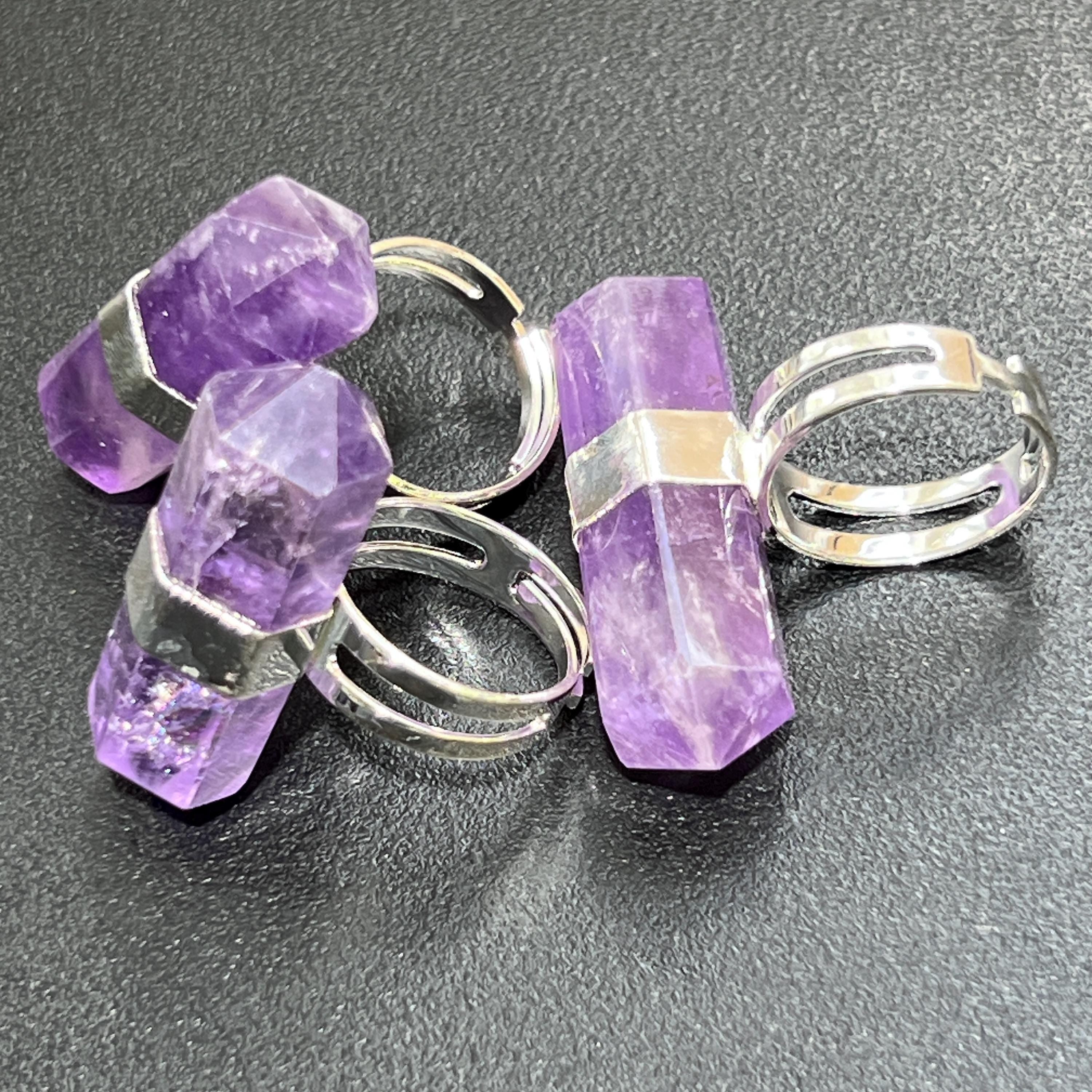 Amethyst Crystal Point Adjustable Ring (Silver Plated)