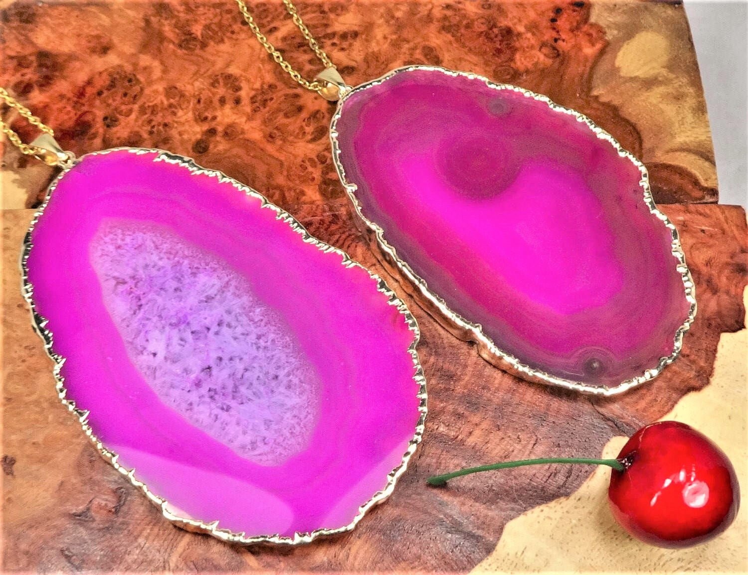 Large Pink Agate Slice Crystal Pendant (Gold Plated Edges)