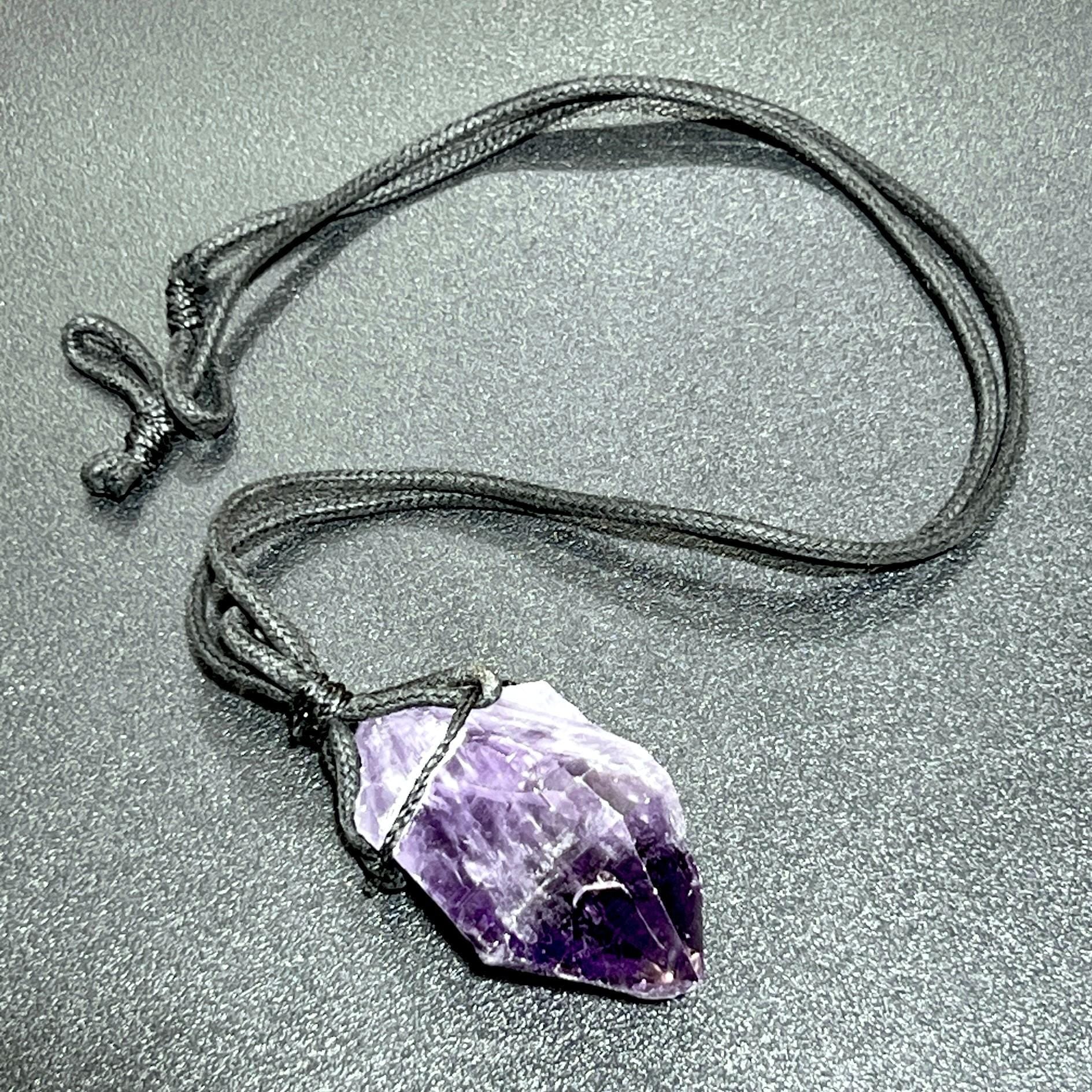 Dark Amethyst Large Raw Crystal Point Necklace (24 Inch Black Cord)