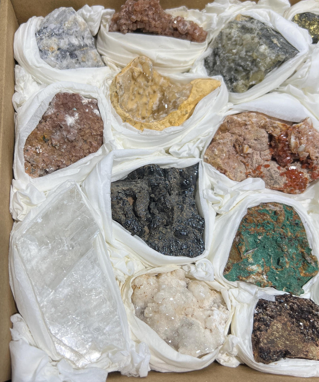 Morocco Mixed Minerals Druzy Crystal Collection Large Boxed Flat
