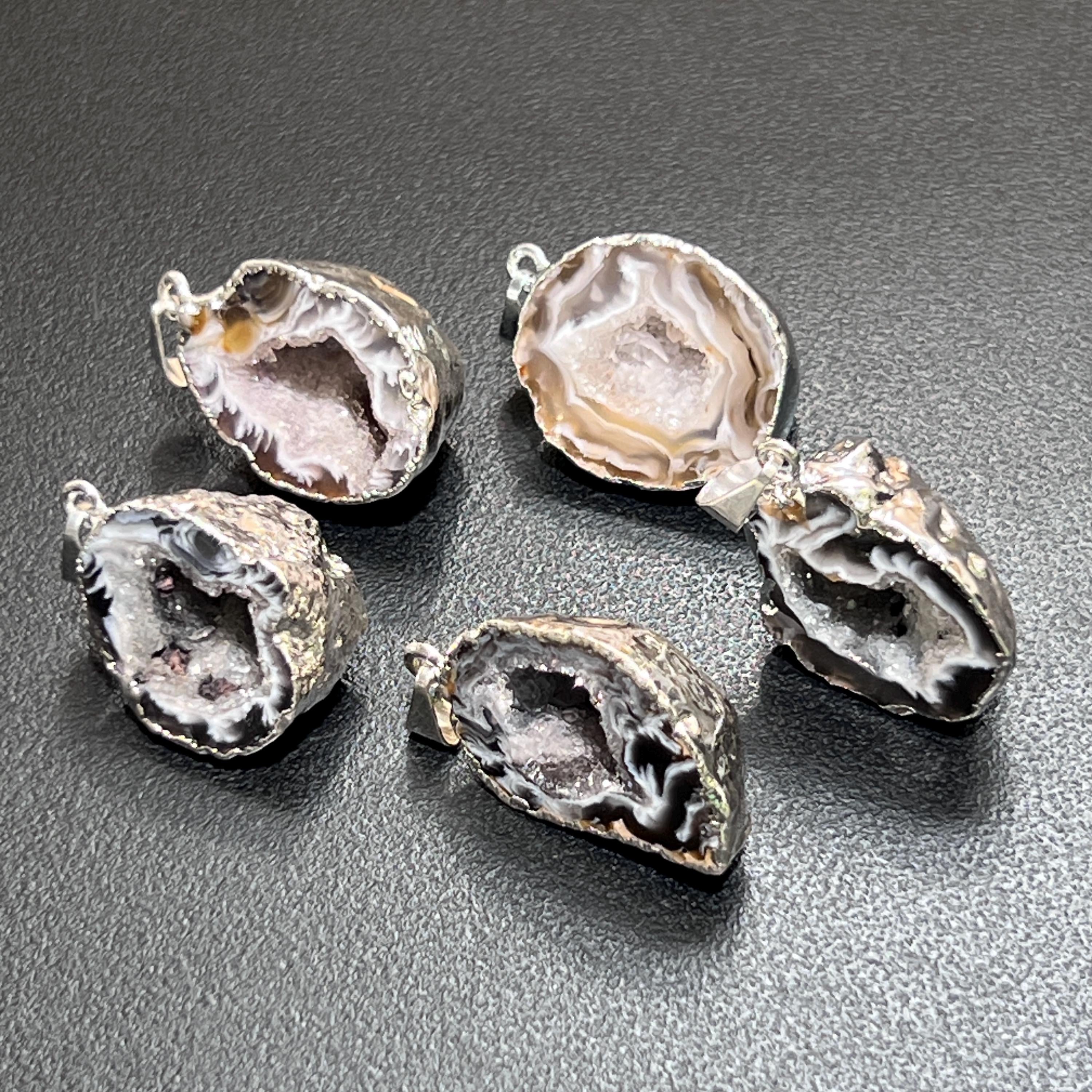 Oco Geode Druzy Crystal Pendant (Full Silver-Plated Back)