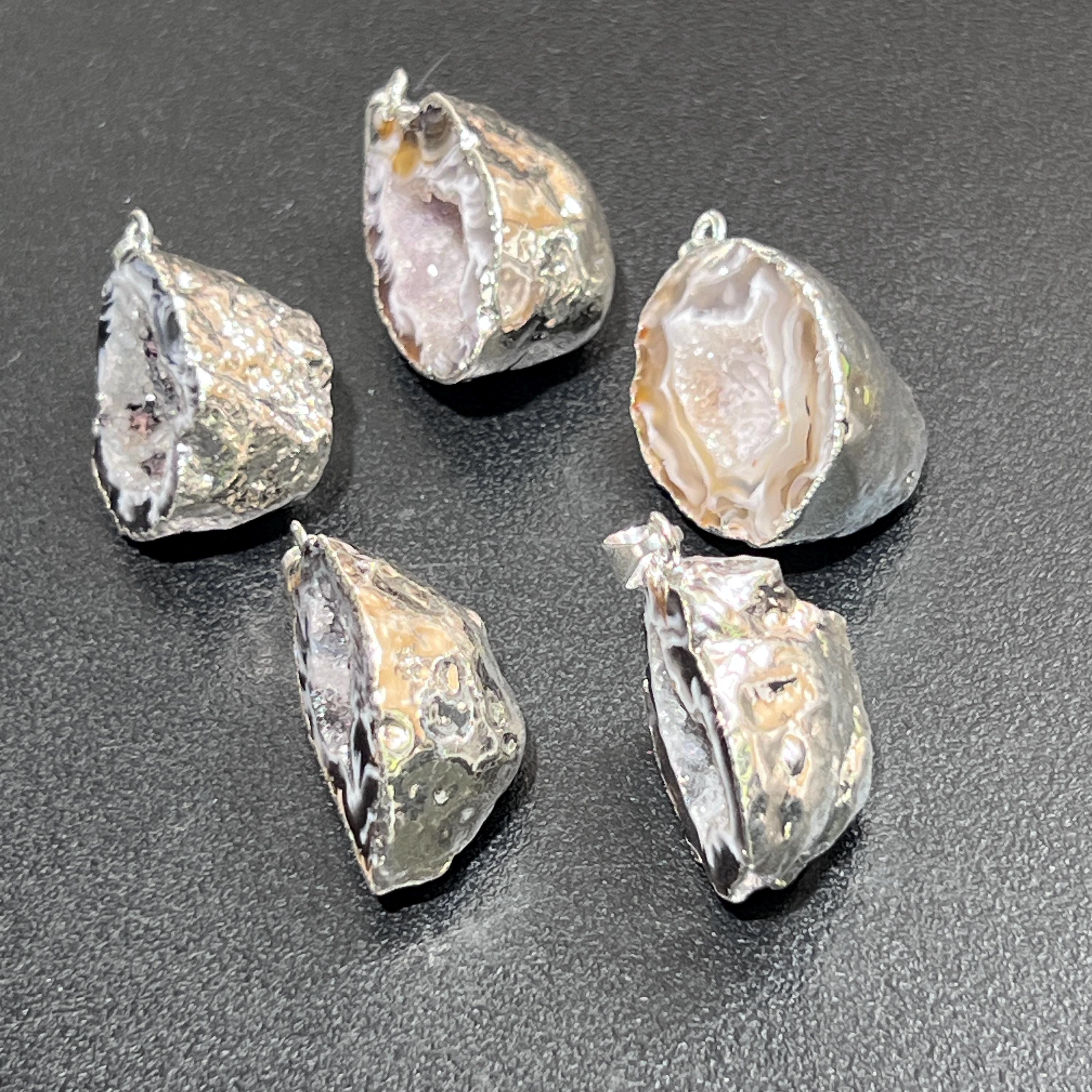 Oco Geode Druzy Crystal Pendant (Full Silver-Plated Back)