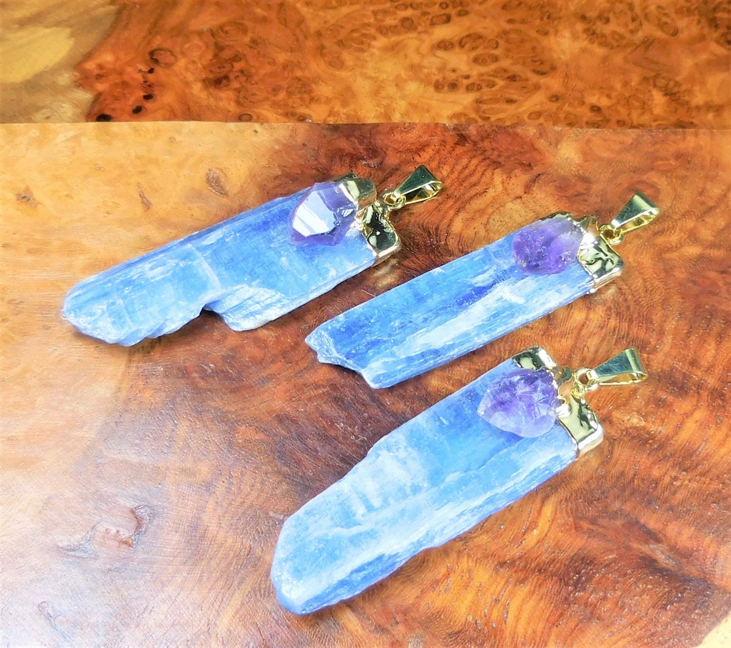 Kyanite And Amethyst Crystal Point Pendant (Gold Plated)