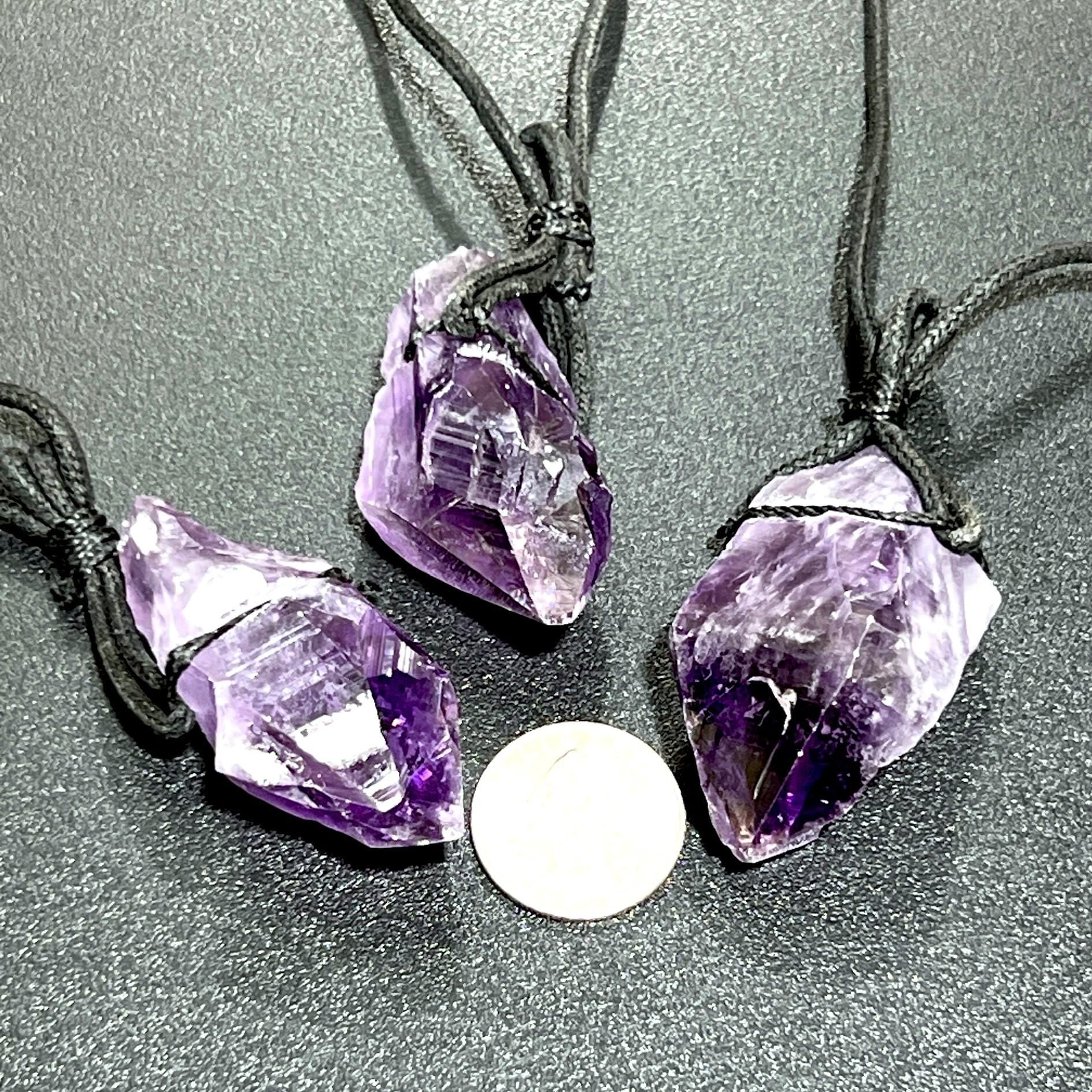 Dark Amethyst Large Raw Crystal Point Necklace (24 Inch Black Cord)