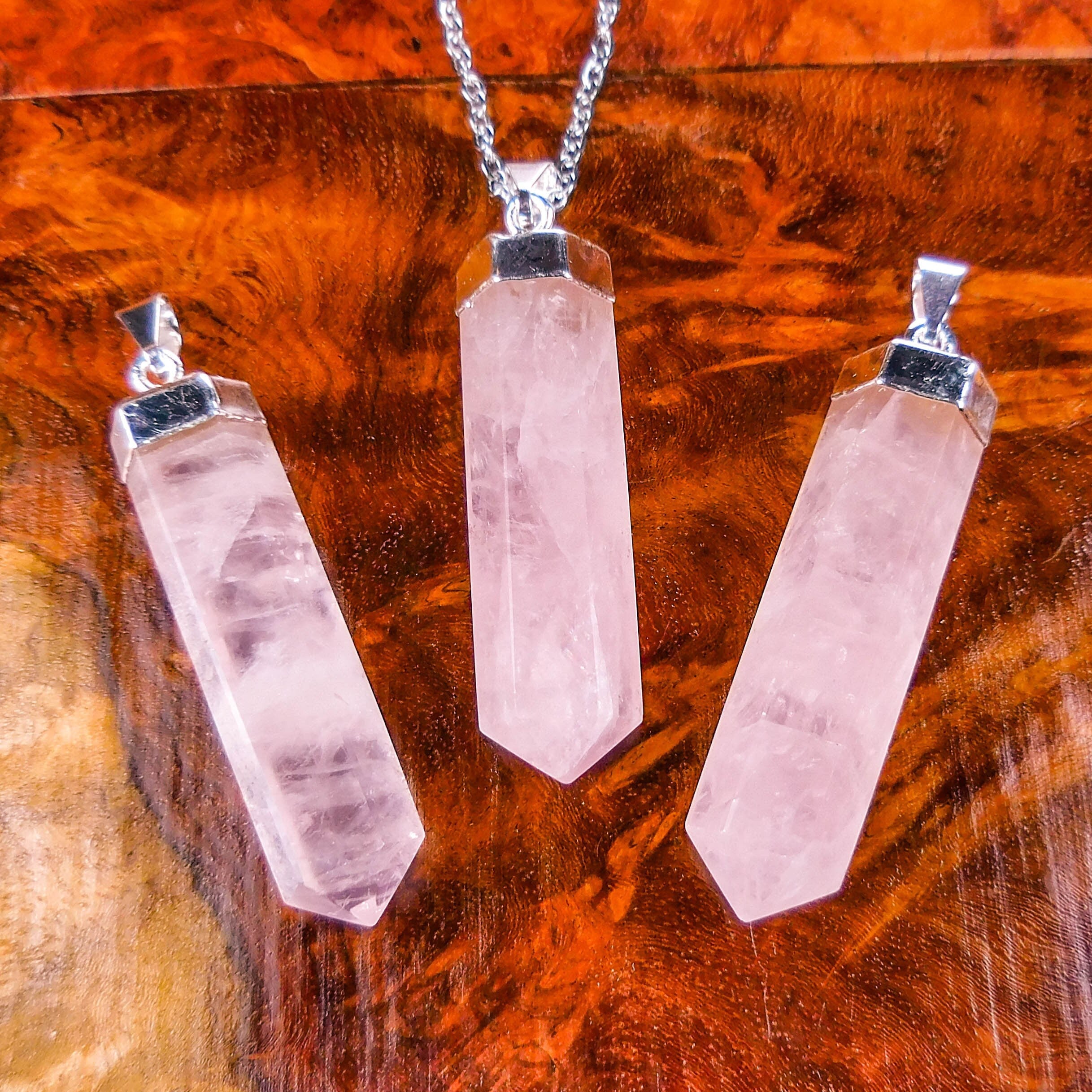 Pink Rose Quartz Crystal Point Pendant (Silver Plated)