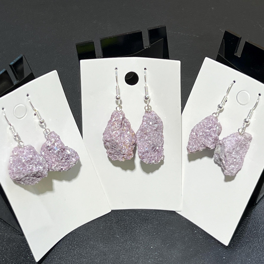 Lilac Lepidolite Raw Crystal Earrings Pair (Stainless Steel Silver Hooks)