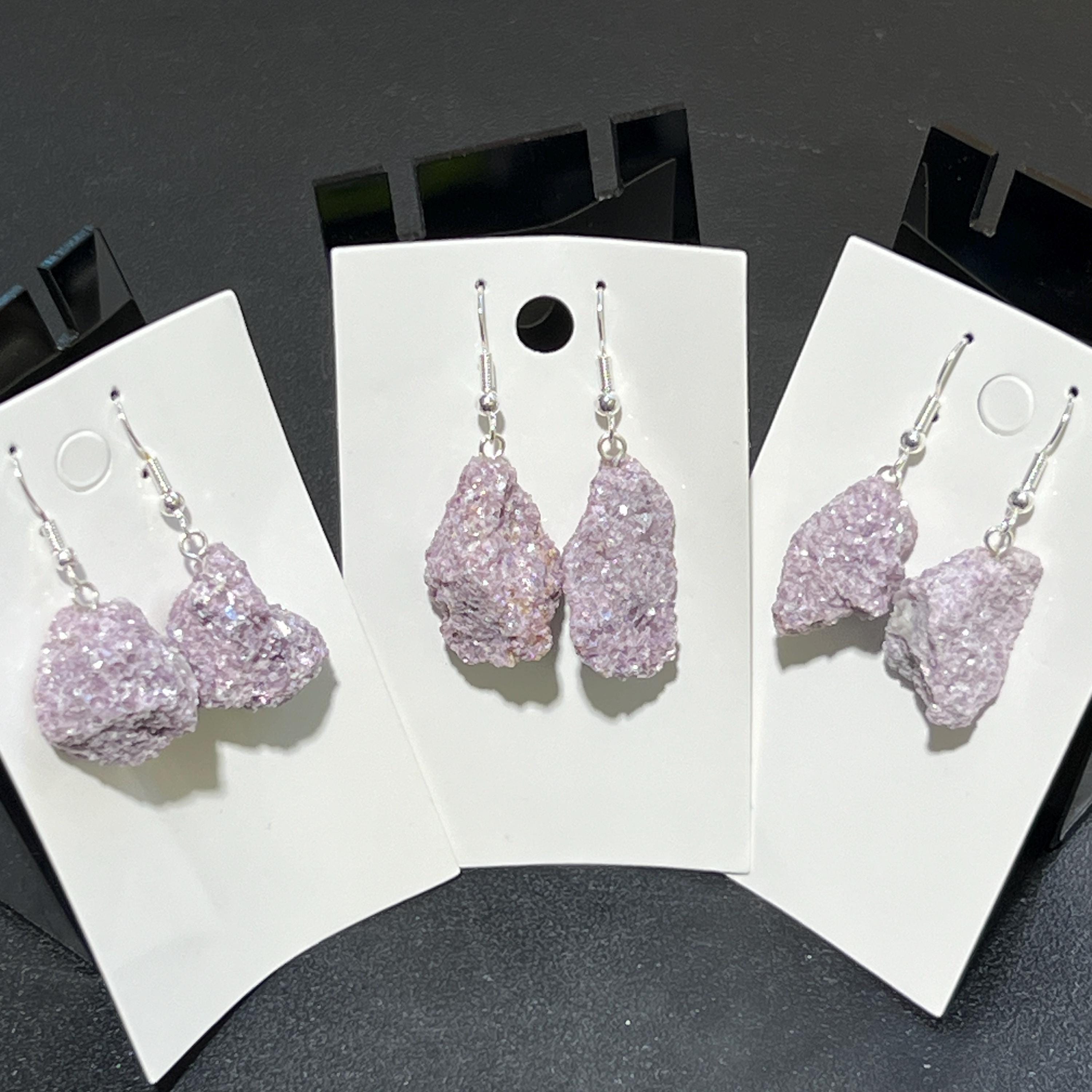 Lilac Lepidolite Raw Crystal Earrings Pair (Stainless Steel Silver Hooks)