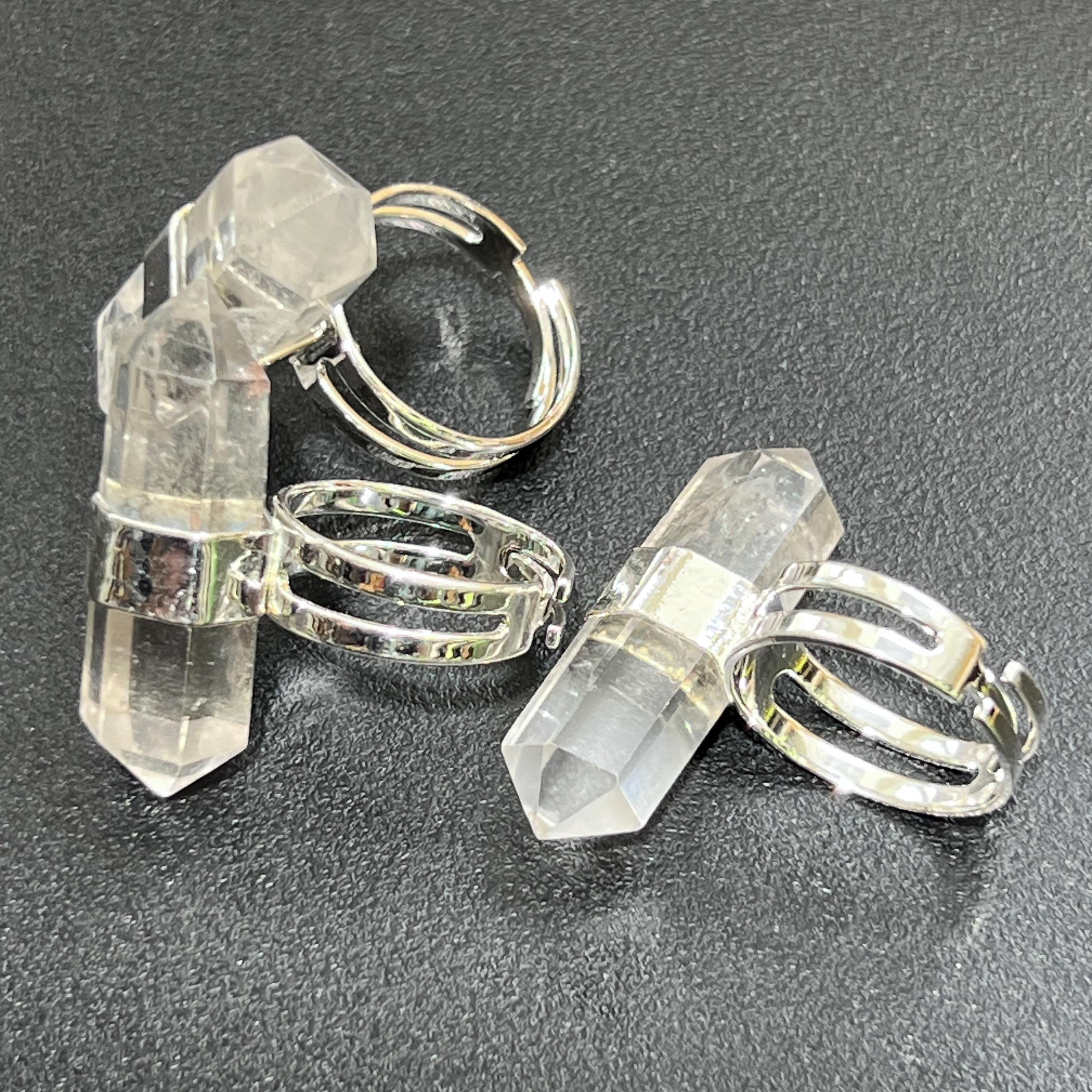 Quartz Crystal Point Adjustable Ring (Silver Plated)