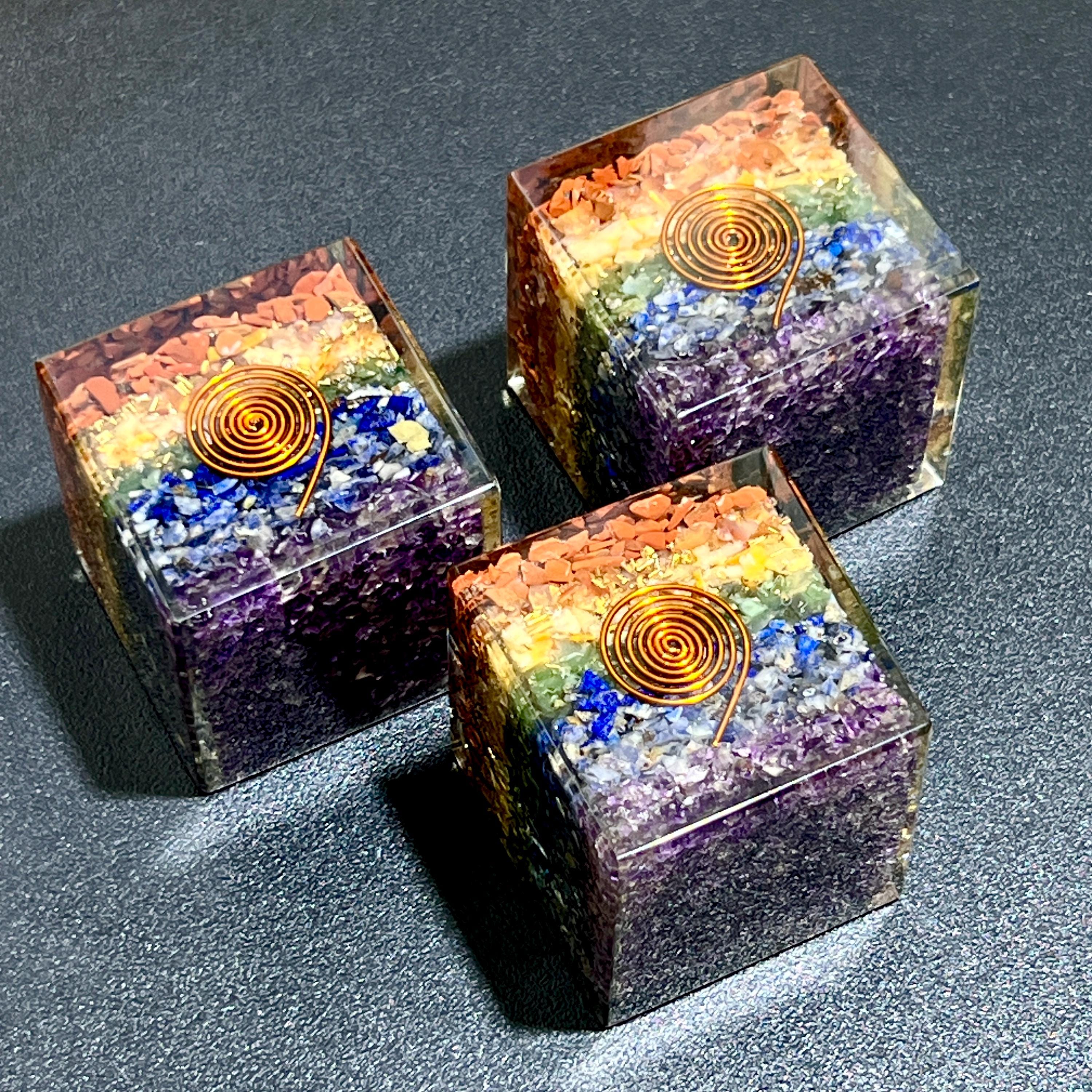 Large 7-Stones and Crystals Orgone Resin Cube