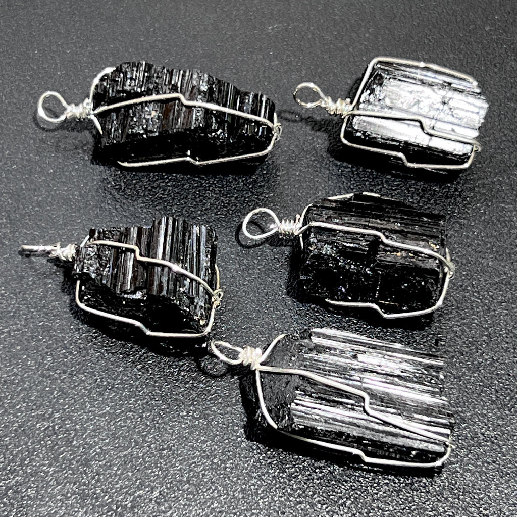 Raw Black Tourmaline Crystal Pendant (Silver Plated Wire Wrapped)