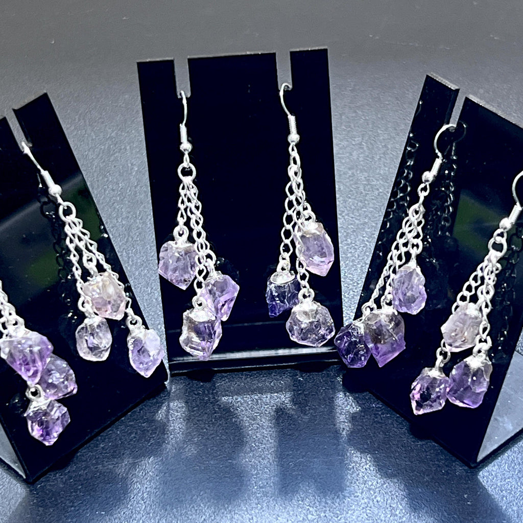 Amethyst Crystal Long Dangle Earrings Pair