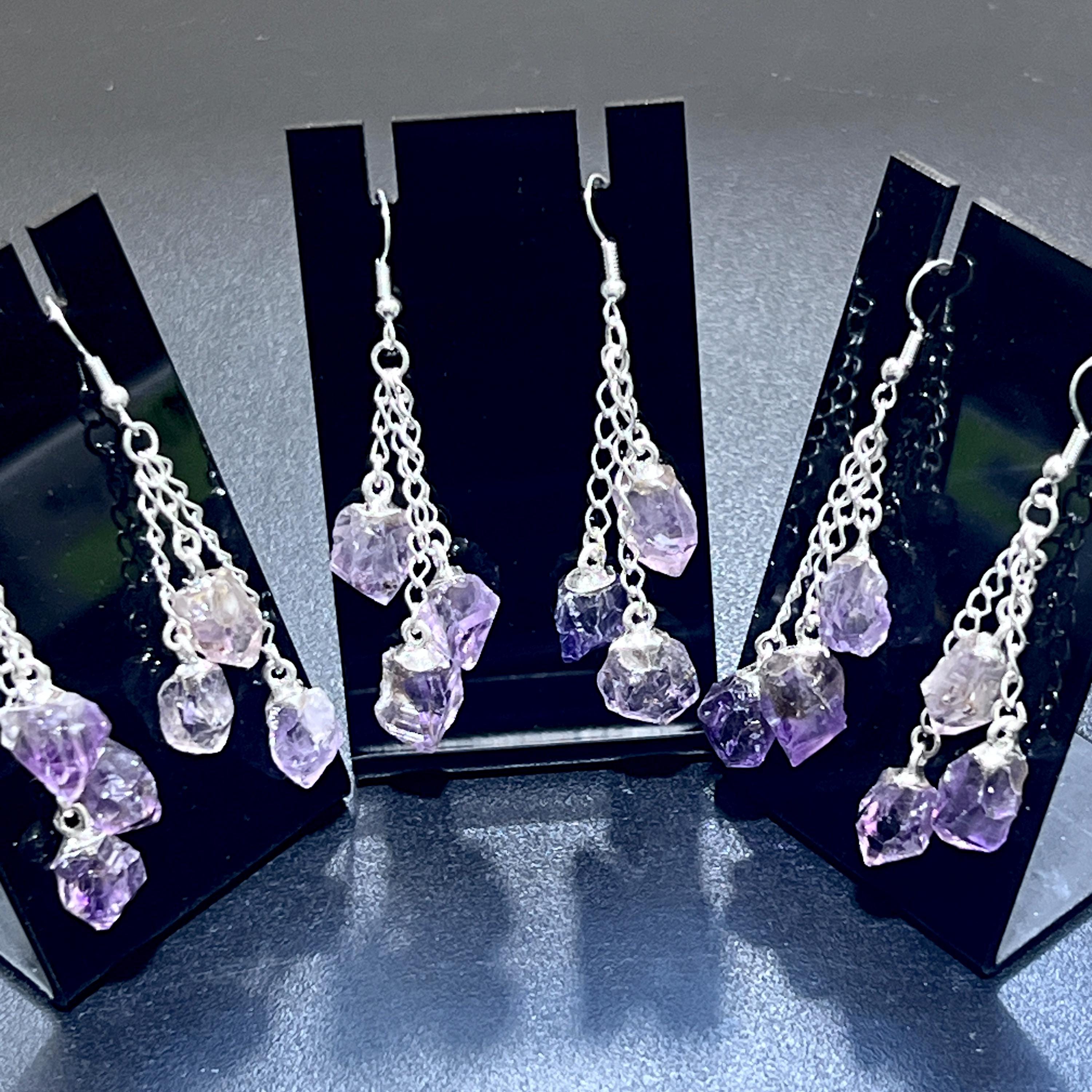 Amethyst Crystal Long Dangle Earrings Pair