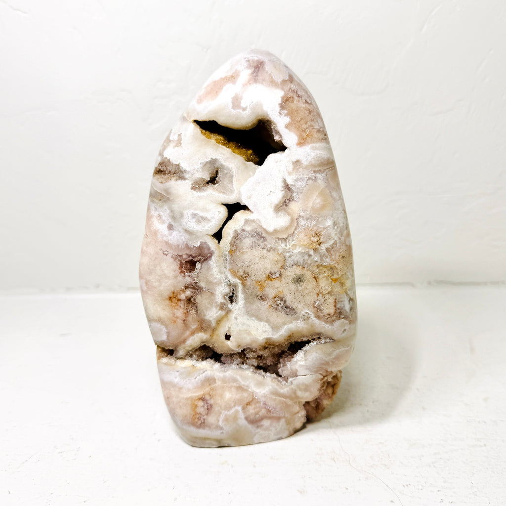 Polished Pink Amethyst Flower Agate Freeform – Subtle Lavender Tones, Orbicular Patterns & Natural Druzy Cavities