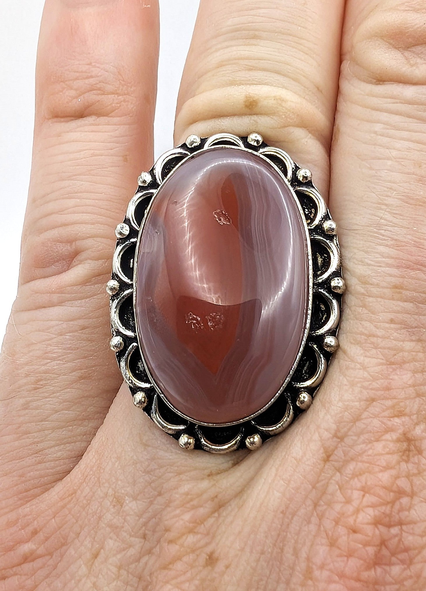 Ring Red Banded Agate Silver Color Plated