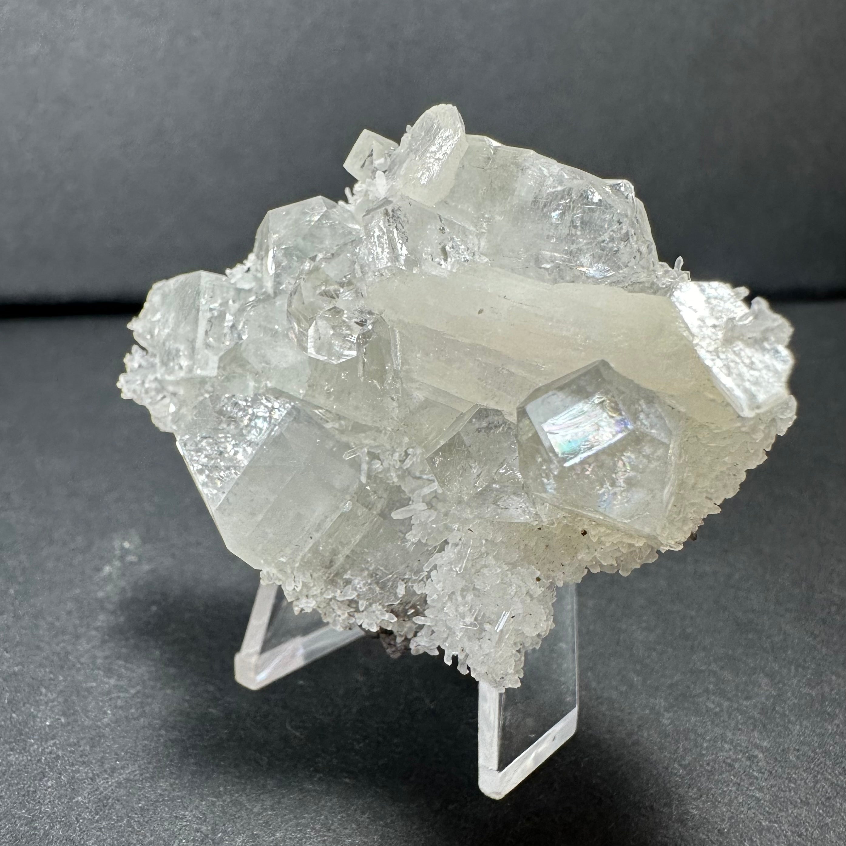 Clear Apophyllite Cluster with White Stilbite on Chalcedony from India