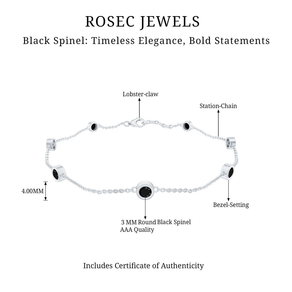 Natural Black Spinel 7 Stone Station Chain Bracelet