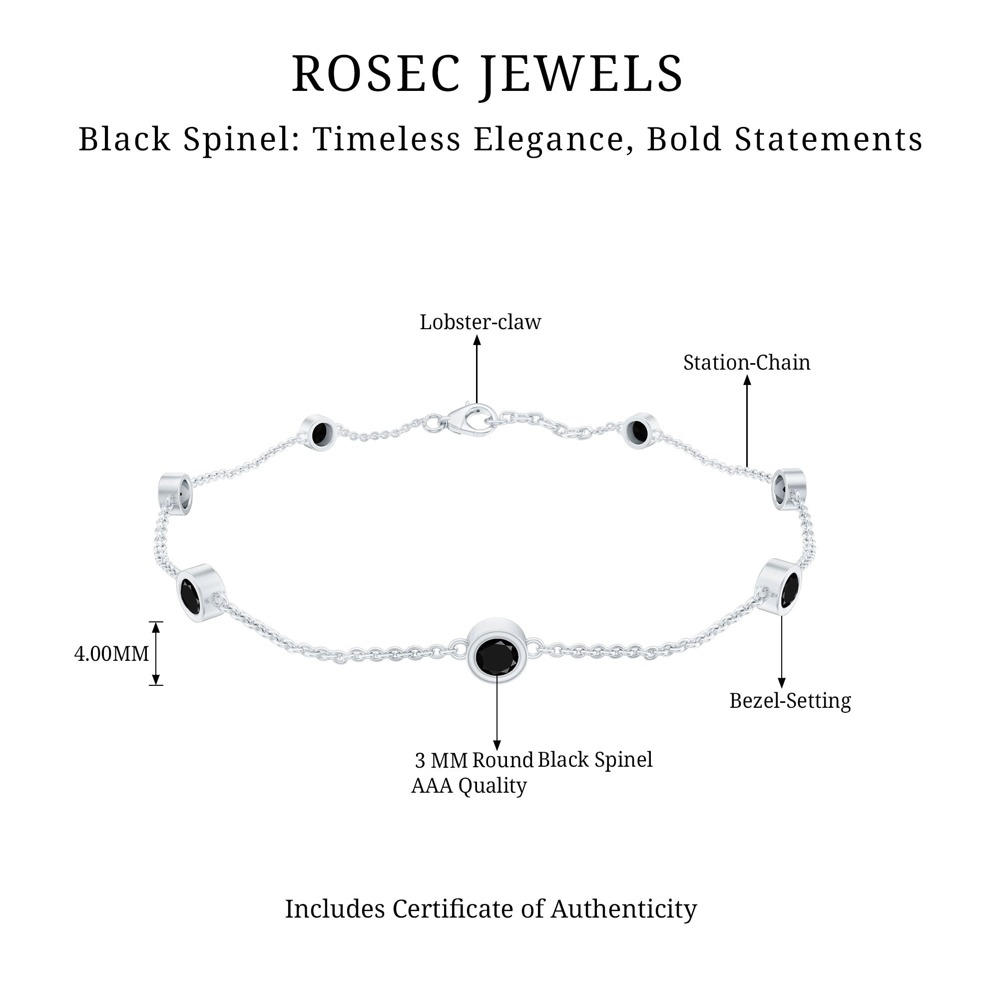 Natural Black Spinel 7 Stone Station Chain Bracelet