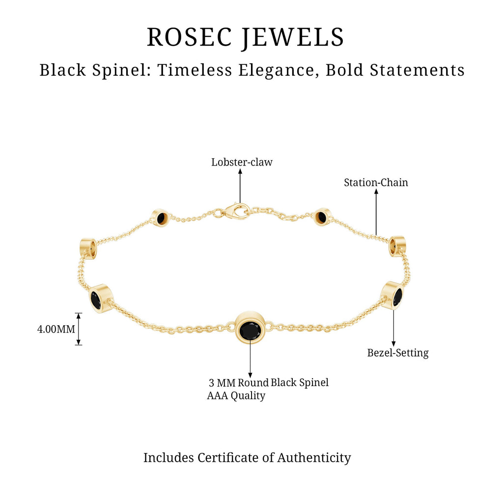 Natural Black Spinel 7 Stone Station Chain Bracelet