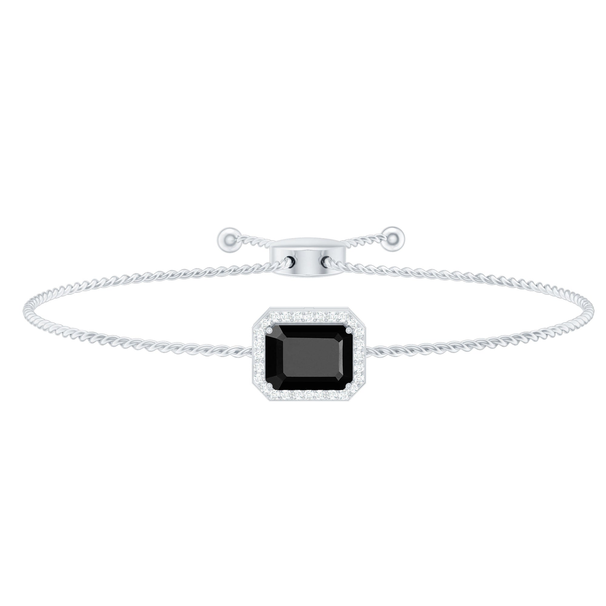 Natural 1.8 Carat Emerald Cut Black Onyx Bolo Bracelet with Diamond Halo