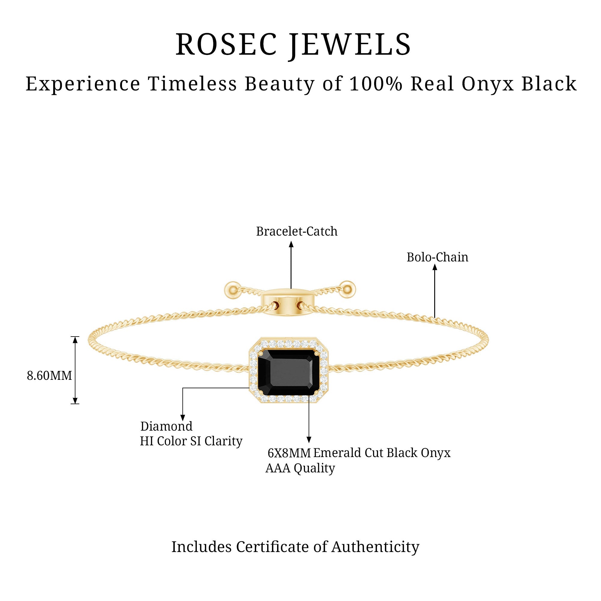 Natural 1.8 Carat Emerald Cut Black Onyx Bolo Bracelet with Diamond Halo