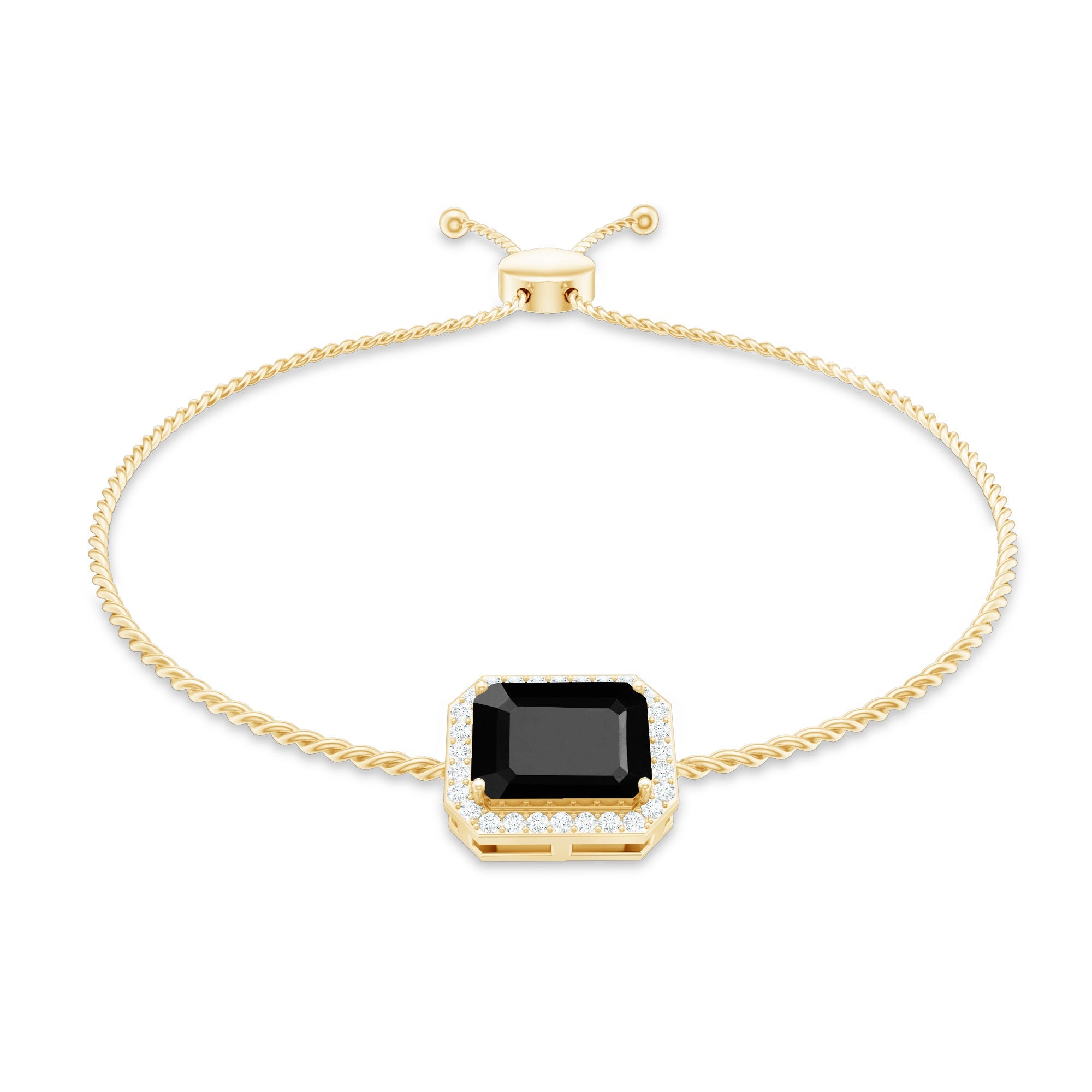 Natural 1.8 Carat Emerald Cut Black Onyx Bolo Bracelet with Diamond Halo