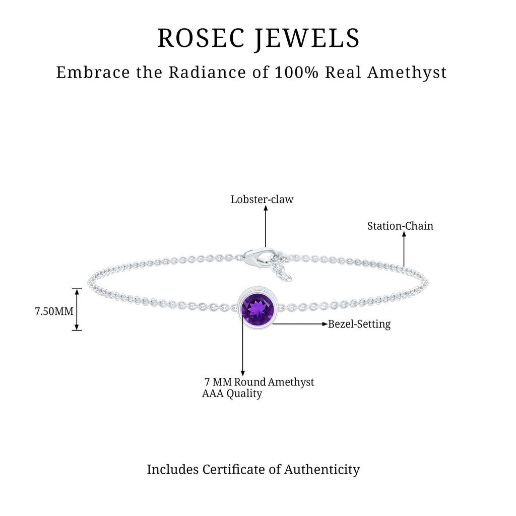 Genuine 7MM Amethyst Solitaire Chain Bracelet in Bezel Set
