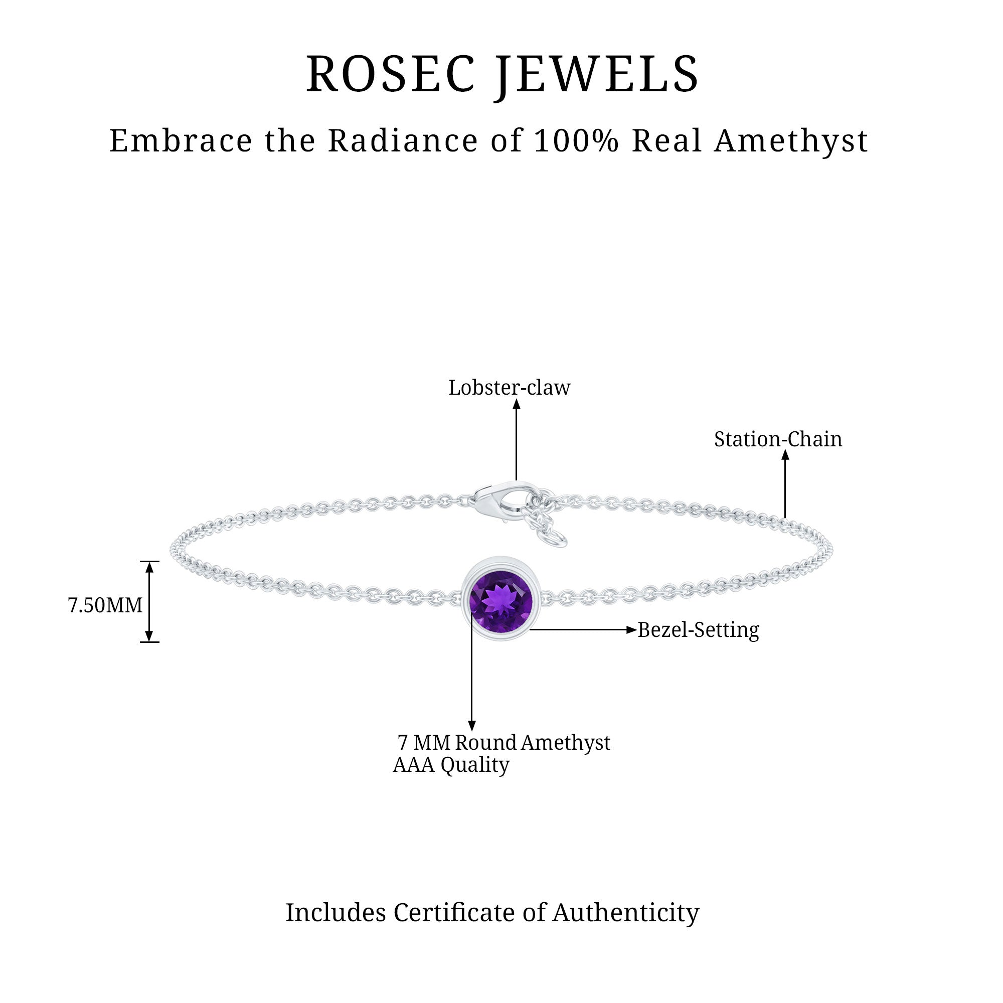Genuine 7MM Amethyst Solitaire Chain Bracelet in Bezel Set