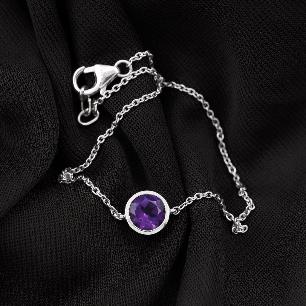 Genuine 7MM Amethyst Solitaire Chain Bracelet in Bezel Set