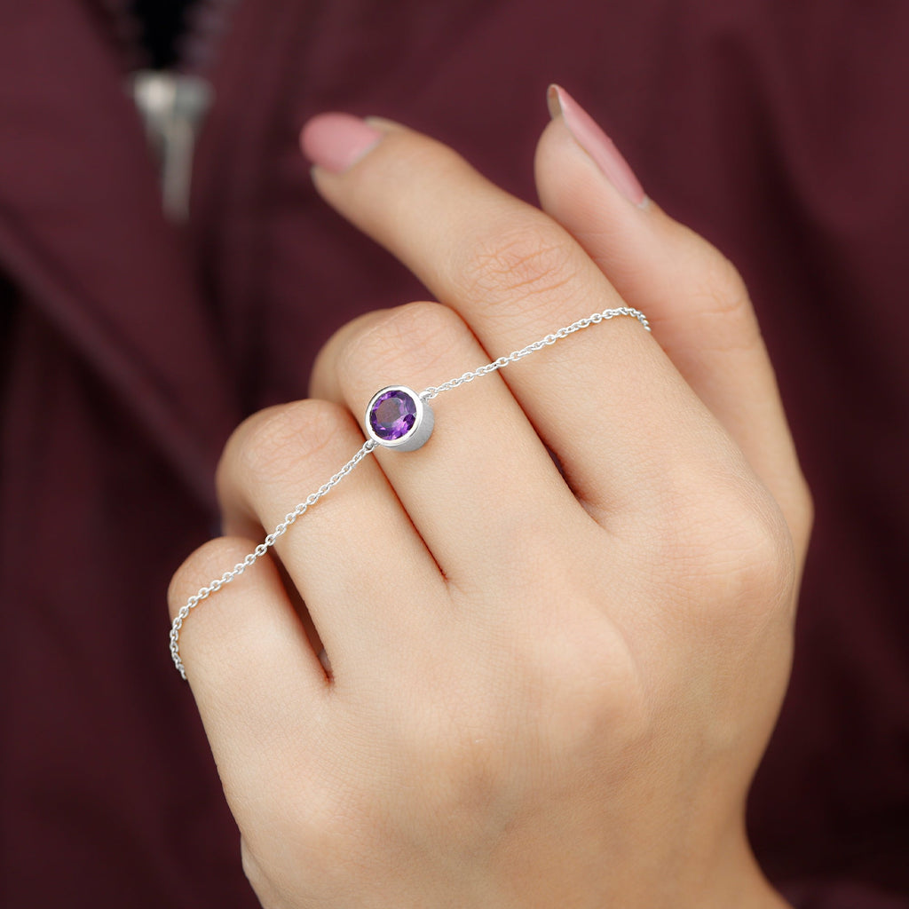 Genuine 7MM Amethyst Solitaire Chain Bracelet in Bezel Set