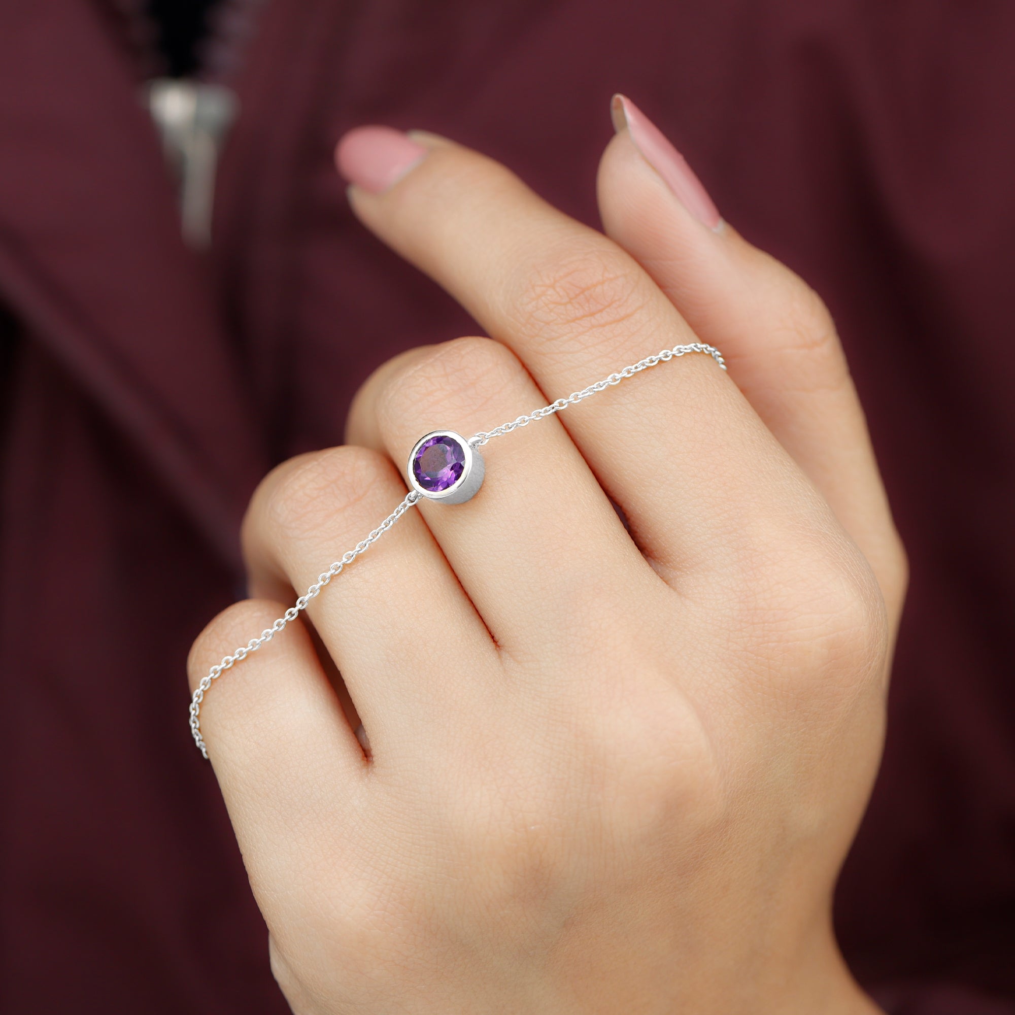 Genuine 7MM Amethyst Solitaire Chain Bracelet in Bezel Set