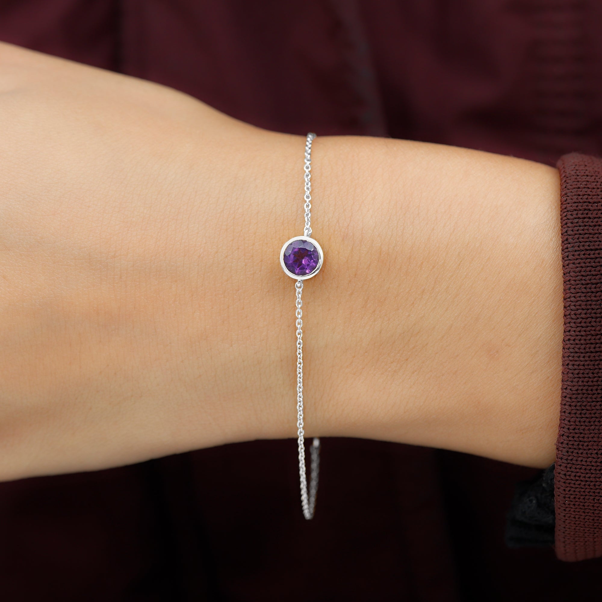 Genuine 7MM Amethyst Solitaire Chain Bracelet in Bezel Set