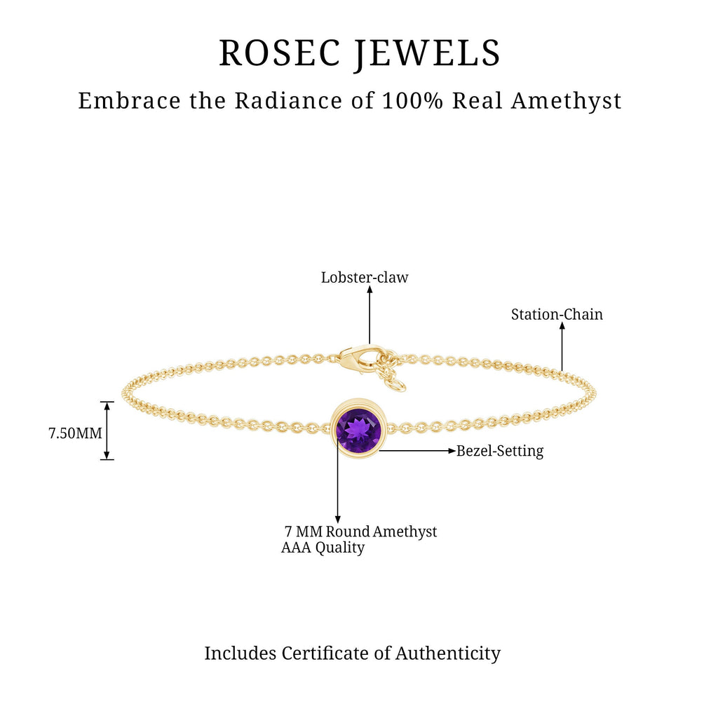 Genuine 7MM Amethyst Solitaire Chain Bracelet in Bezel Set